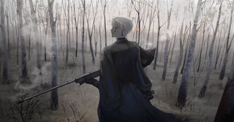 an anime character with white hair and blue eyes is standing in a forest, looking out into the distance. the character is holding a rifle and wearing a long black coat. the forest is foggy and misty, and the trees are tall and thin. the character is standing in a clearing in the forest.