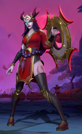 fullbody shot of a female video game character, rendered in an anime style.  she has long black hair and wears a red and gold outfit, a horned headdress with a crescent moon symbol, and black stockings with gold accents. she wields a large, ornate shield with red and gold details. the background is dark purple, with hints of a japaneseinspired landscape.  the overall style suggests a fantasy warrior character.