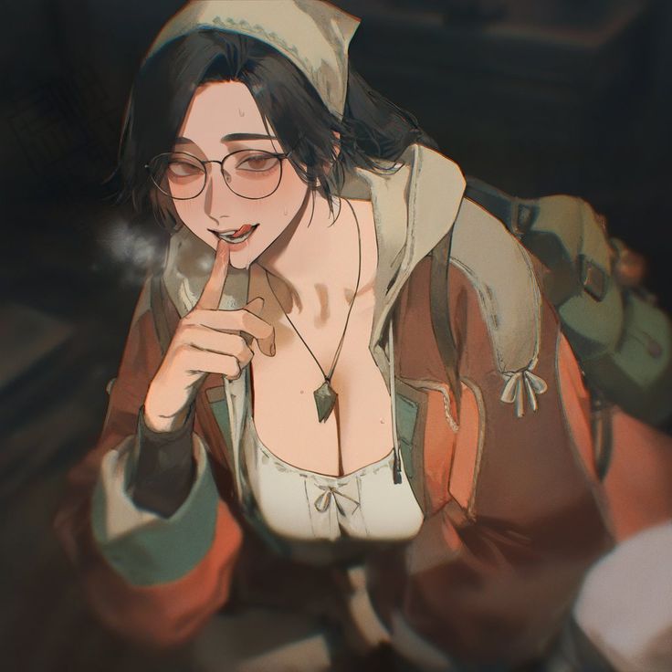 a cartoon anime girl with glasses is looking at the viewer. she has her finger on her lips. the girl is wearing a hood and a necklace and has a backpack on.