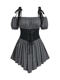 a grey, offtheshoulder dress with black straps and a black laceup corset. the dress has a ruffled skirt and a slightly asymmetrical hemline. it is a very feminine and romantic dress.