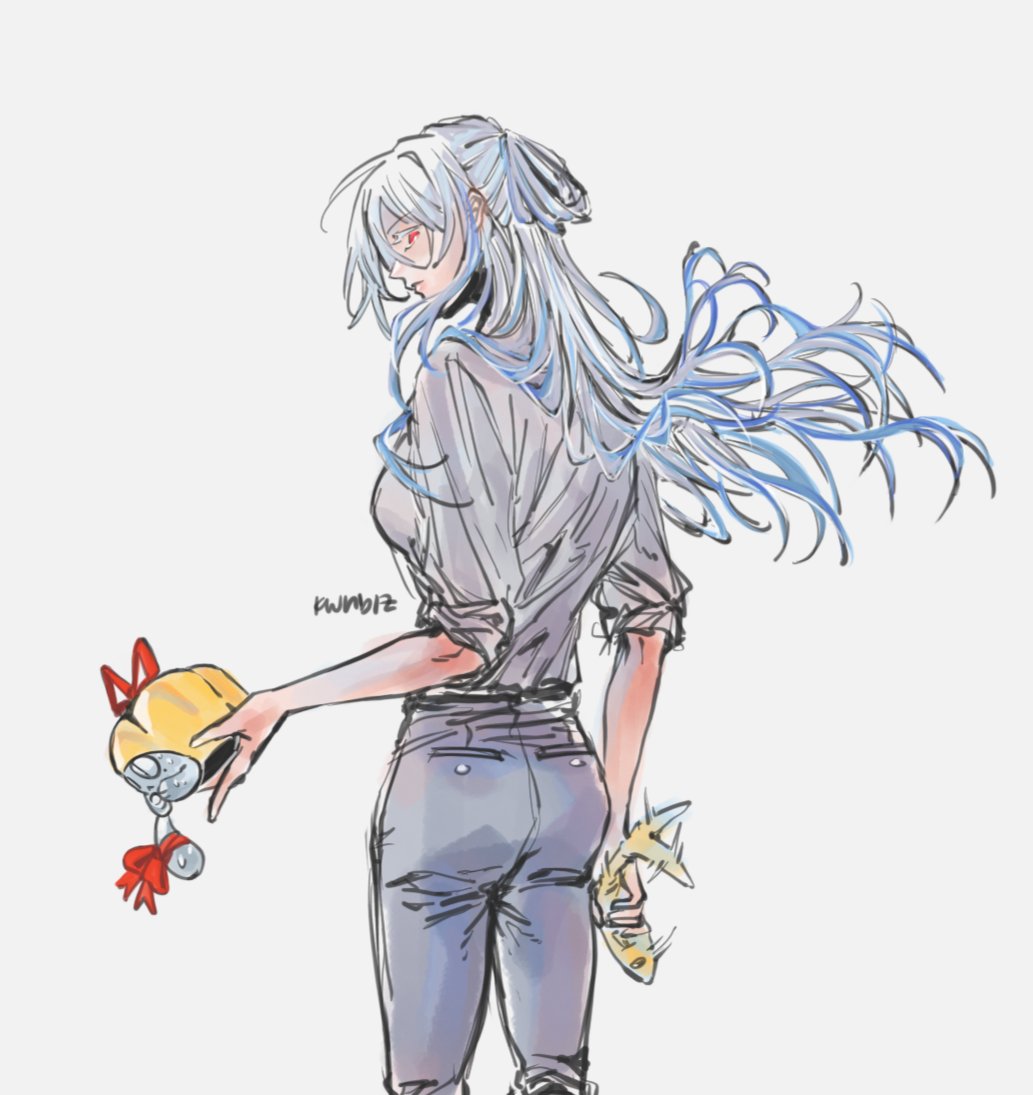 the drawing is of an anime girl with long white hair and blue eyes. she is wearing a white shirt and jeans. she has a red ribbon in her hair and is holding a yellow toy in her right hand. she is looking away from the viewer and walking away. the background is a light gray. the art style is digital and is drawn with a sketch like quality.