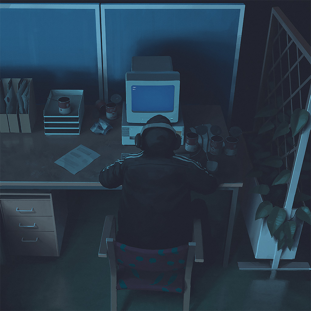 a person sits alone at a desk in a dark office, looking at a computer screen. the only light source is coming from the computer screen, casting a blue glow on the person's face. the person is wearing headphones and seems to be focused on what they are doing. there are a few file folders and a file cabinet on the desk, as well as a plant in the corner of the room. the overall mood of the image is one of solitude and concentration.