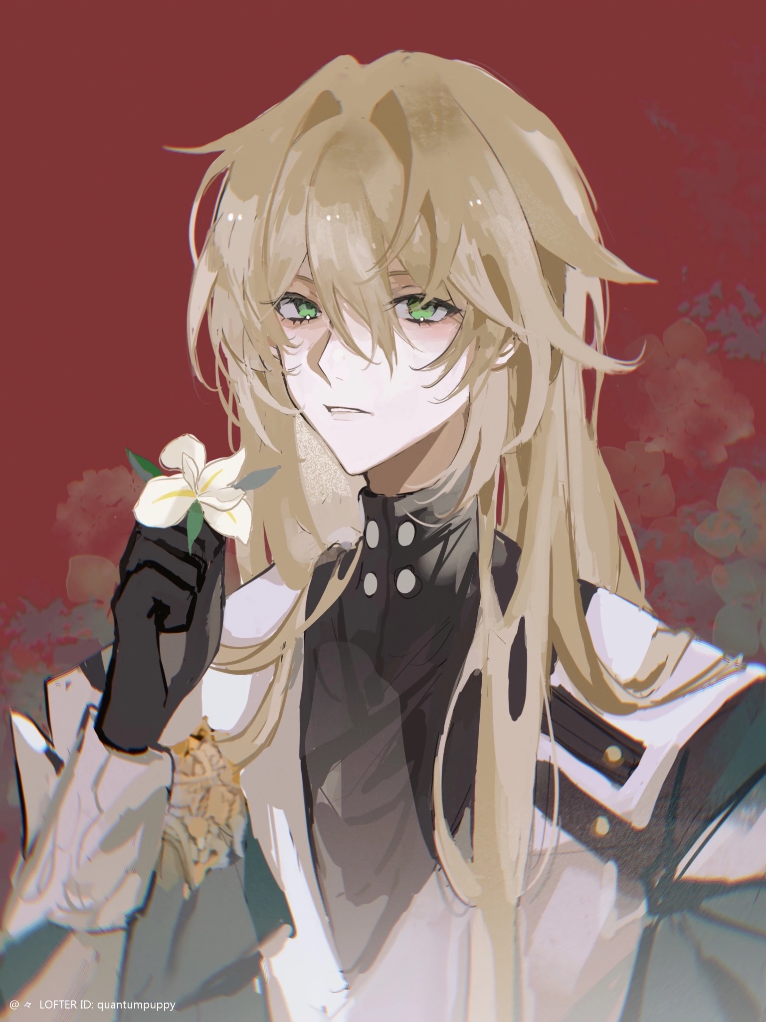 this is a digital art illustration of an anime character. the character is a young man with long blond hair and green eyes. he is wearing a white shirt with a black collar. he is holding a white flower in his hand. the background is red. the artwork is done in a semirealistic style. the character's expression is soft and gentle.  the overall tone of the illustration is elegant and romantic.