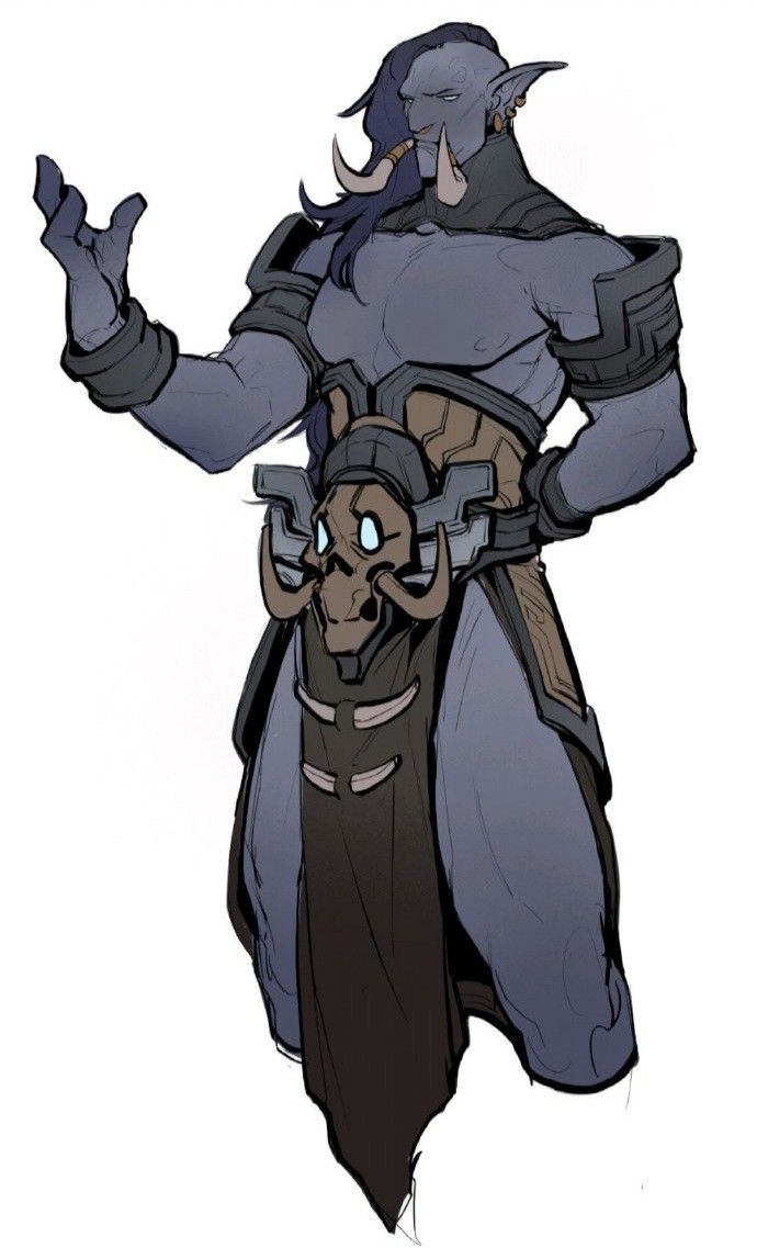 the image is a detailed digital painting or illustration of a fantasy orc character. the orc is male, with blue skin, long dark hair, large horns, and prominent tusks. he's muscular and powerfully built, dressed in a combination of armor and robes. his attire includes a dark robe with details suggestive of a shamanic or priestly role, a belt with what appears to be a stylized skull, and armor pieces around his shoulders and arms. his expression is somewhat stoic, and his posture suggests confidence or authority. the art style is stylized, with a balance between realism and caricature. the background is plain white, making the character the sole focus of the image. the overall impression is one of a powerful, mysterious, and possibly important figure from a fantasy world.