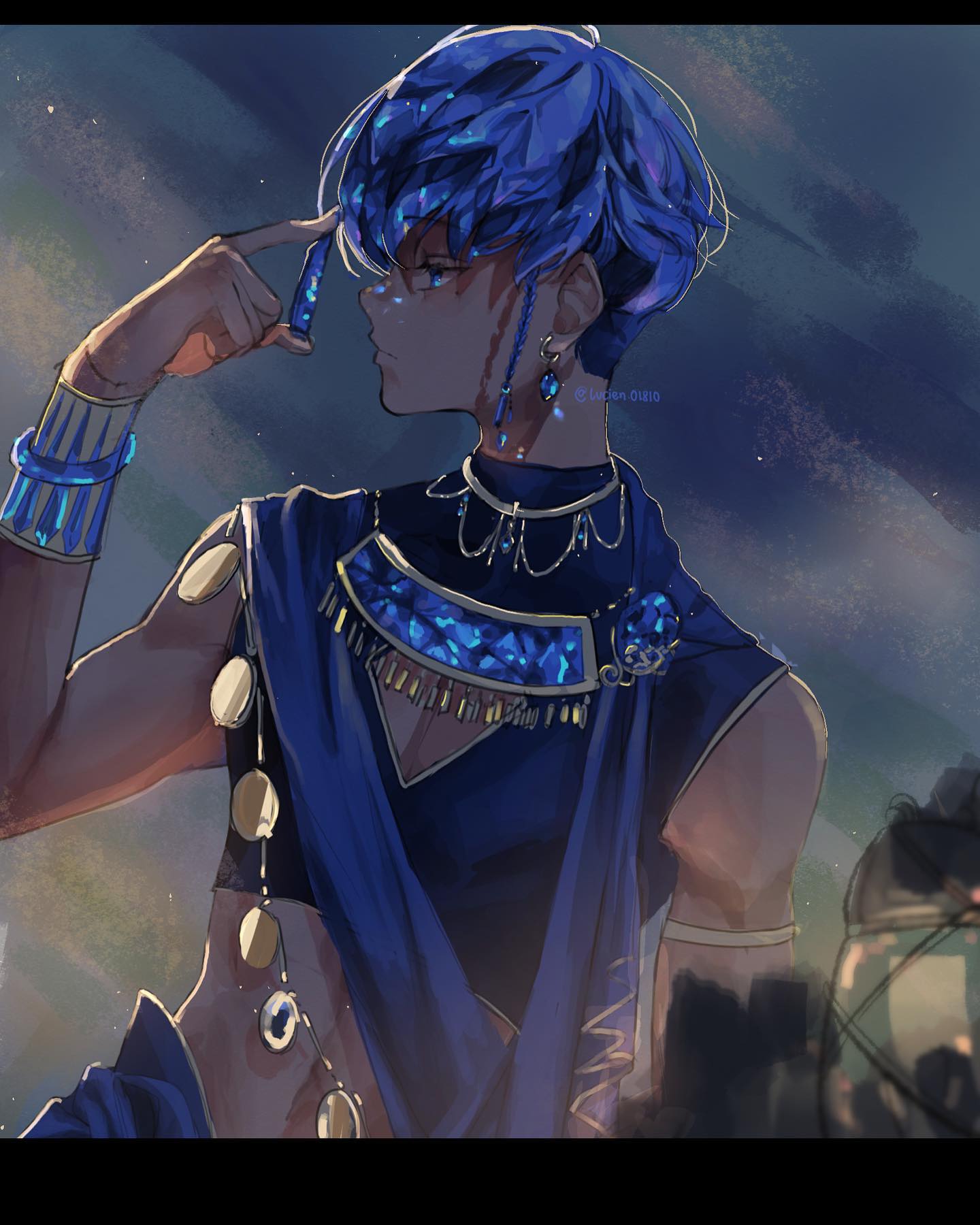 the image is a digital fanart depicting a young animestyle male character.  he has short, vibrant blue hair that seems to shimmer, and dark skin. he's wearing an elaborate outfit inspired by ancient egyptian styles, featuring dark blue and gold fabrics, numerous lapis lazulilike gemstones and gold jewelry. the clothing is partially open, showing his midriff. he has a thoughtful, almost pensive expression, and one hand is raised to his temple. the background is dark and atmospheric, focusing attention on the character. the overall style is highly stylized and polished, with attention to detail in the character's clothing and the lighting.