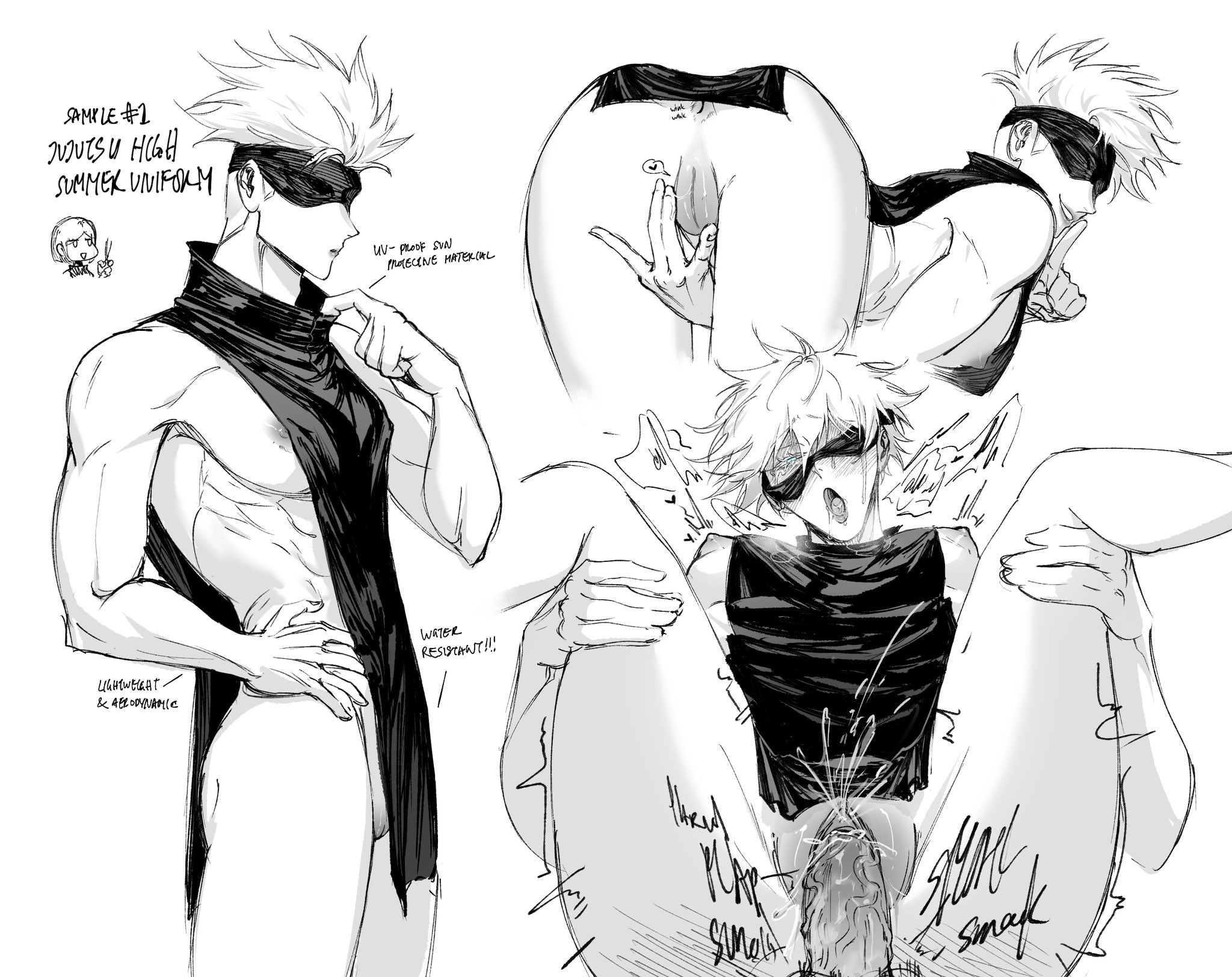 the image is a monochrome mangastyle drawing featuring several depictions of male characters in what appears to be a summer uniform, possibly inspired by the anime/manga "jujutsu kaisen".  the style is suggestive and explicitly sexual, showing several characters engaged in sexual acts.  the art is sketchy and dynamic, with various poses and angles showcasing muscular male figures.  text annotations indicate details about the uniform's material and properties. the overall style is reminiscent of doujinshi (selfpublished fan works).