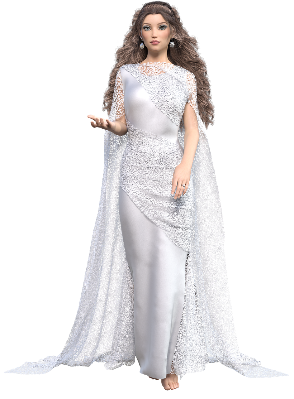 a woman stands against a black background, wearing a long, white gown with lace detailing. she has long, wavy hair and is wearing earrings and a ring. a sheer, lace cape flows behind her. she is barefoot and has one hand outstretched.