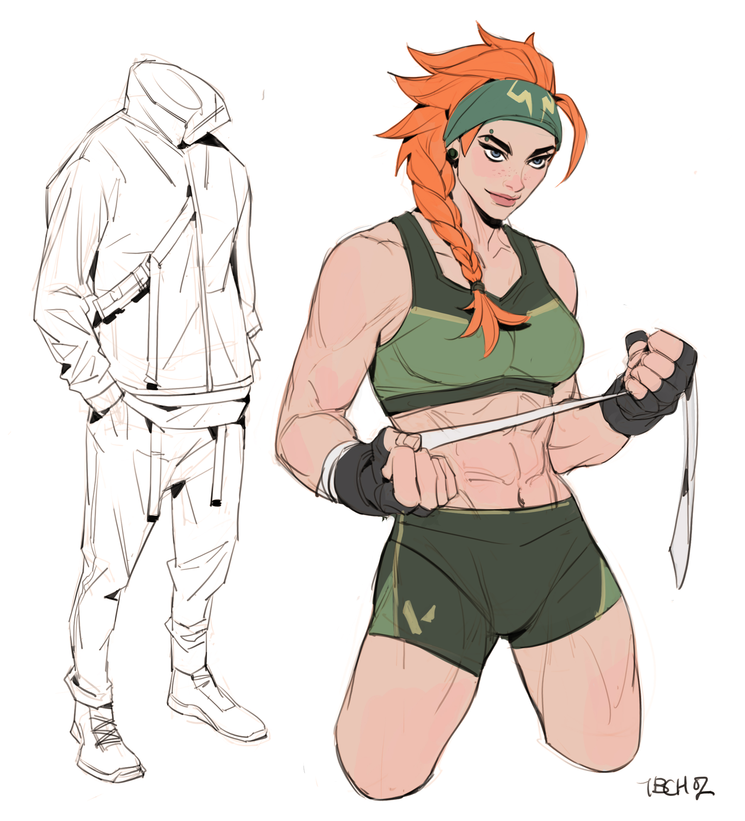 the image showcases a digital illustration of a strong, muscular female character, possibly designed for a video game or anime. she is a redhead with a braid and wears a green sports bra and shorts.  she's wrapping her hands with hand wraps, suggesting preparation for combat or training. alongside her is a line art sketch of a headless figure in loosefitting, neutralcolored athletic wear. the style is a blend of anime and western comic book influences, featuring dynamic posing and expressive lines. the overall tone is energetic and conveys strength and athleticism.