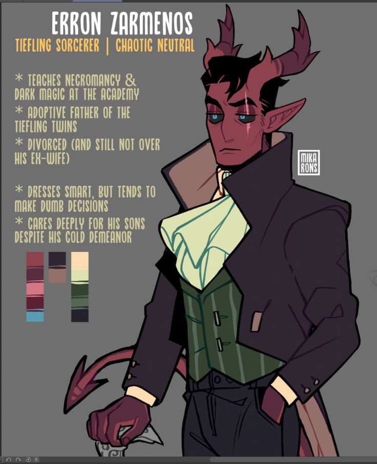 the image is a digital illustration of a tiefling sorcerer named erron zarmenos. he has red skin, horns, and a long tail. he is wearing a black suit with a white shirt, a green vest, and a black tie. he is looking forward with a somewhat stern expression. the character's background includes a list of bullet points that describe his personality and skills, as well as his alignment. the image is in a stylized art style, with bold lines and vibrant colors.