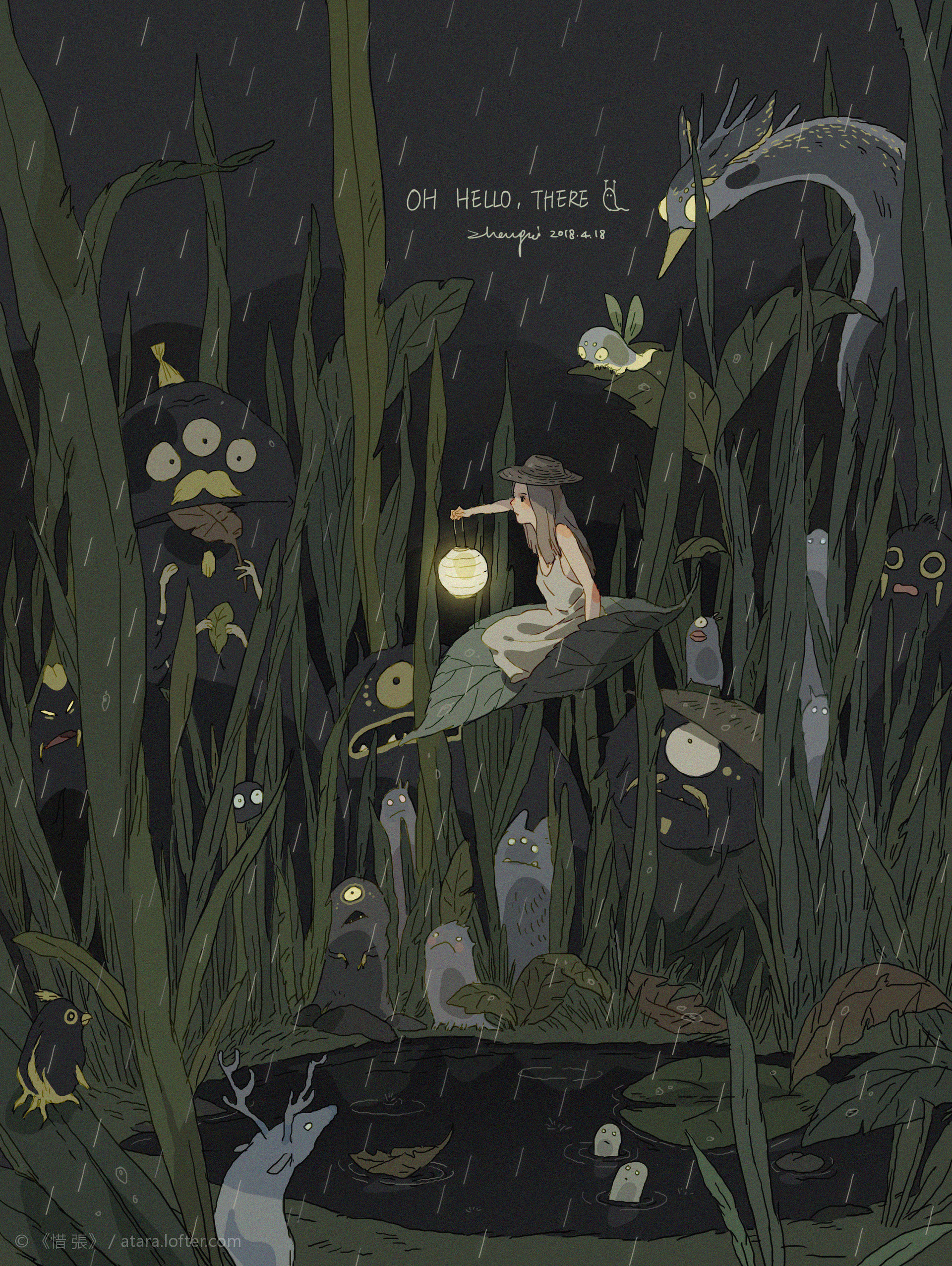the image is a whimsical illustration of a rainy forest at night. a young girl with a lantern is walking through the forest, surrounded by strange and mysterious creatures. the creatures have large eyes and appear to be friendly, but their appearance is also slightly unsettling. the forest is dense and dark, with tall trees and a dark, still pond in the foreground. the overall atmosphere of the image is magical and slightly eerie. the artwork is in a cartoon style, with bright colors and bold lines. the image is a beautiful and evocative depiction of a fantastical world.