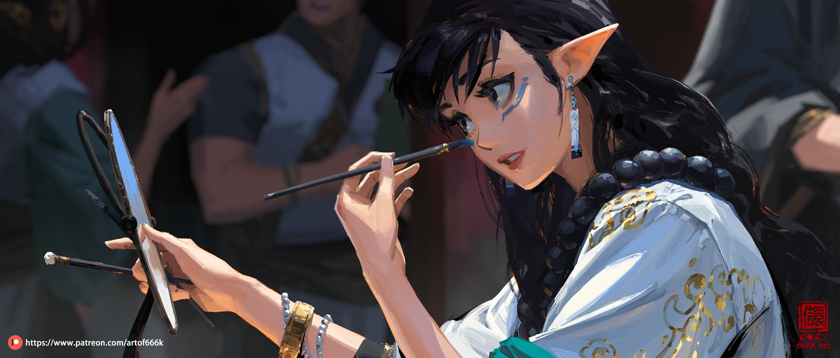 the image is a digital painting of a female elf applying makeup to her face. she is wearing a light blue and white ornate robe with gold detailing and has dark hair and pointed ears. she is holding a small brush and a mirror and seems focused on her task.  the background is blurred, showing other figures in what seems to be a traditional or fantasy setting. the style is highly detailed and painterly.  there is a watermark in the bottom right corner.
