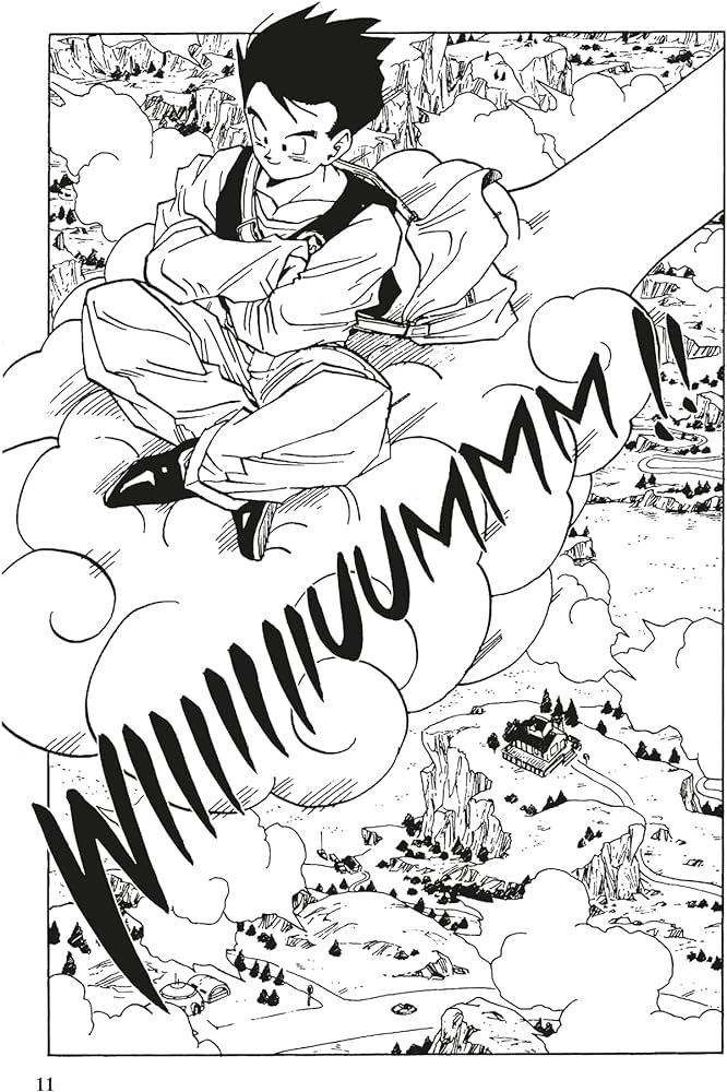 gohan from dragon ball is flying on top of nimbus cloud above a mountainous landscape.