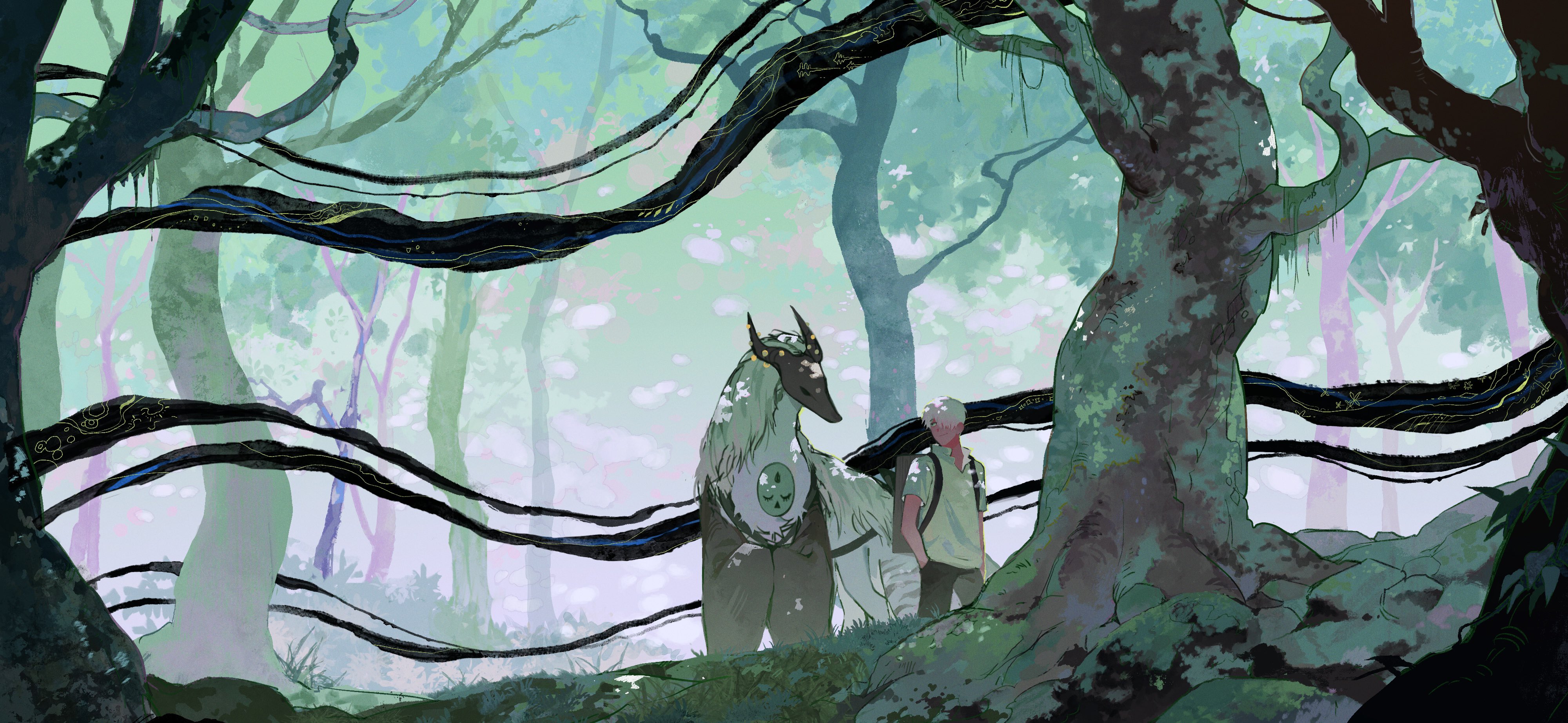 the image showcases a person and a fantastical creature navigating a magical forest. the creature, resembling a large dog with antlers, is adorned with intricate armor and a flowing mane, suggesting a protector role. the person walks slightly behind, bundled in warm clothing. the forest is dense with winding, almost sentient, trees bathed in soft, dappled light, creating an ethereal and mystical atmosphere.