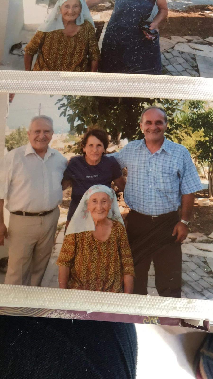 the image shows two photos. the top photo shows an older woman wearing a light blue headscarf and a brown patterned dress. the second photo shows a group of people including four adults. three are standing and one woman is sitting. two women are wearing headscarves.