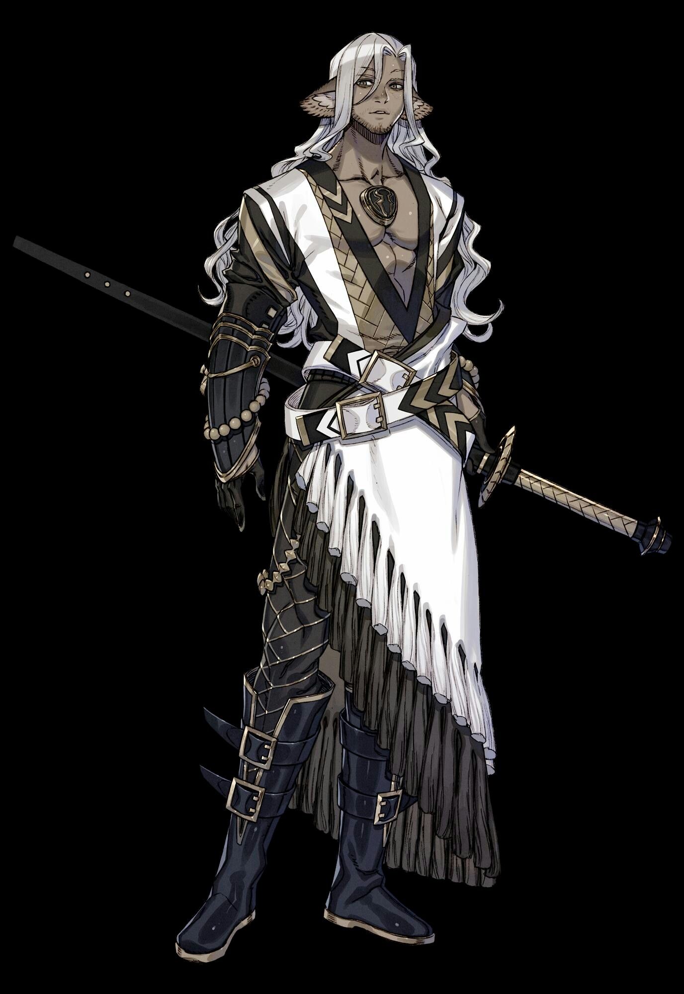 a fullbody illustration showcases a male elf warrior standing against a black background. he has long, flowing white hair and pointed ears, his expression serious. he wears a striking outfit with a black and white color scheme. the outfit features a long, flowing white garment over black pants and boots. detailed black armor with gold accents covers his arms and legs.  a long, thin sword with a black scabbard is strapped to his back.
