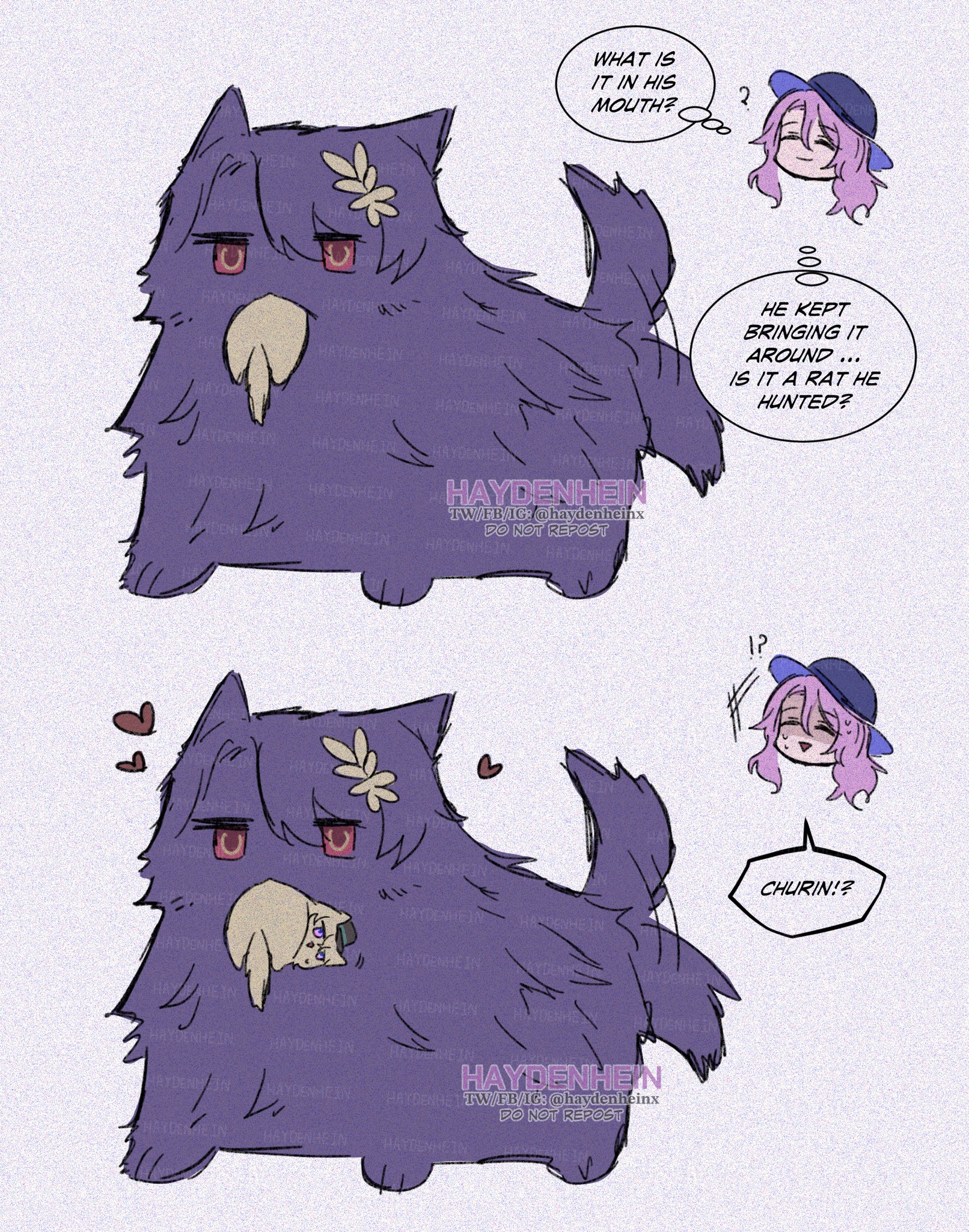 two images of a purple furry creature holding a small ratlike creature in its mouth. the creature is large and looks like a wolf. the images are accompanied by text boxes with dialogue from two girls who are wearing hats. the first girl is asking what the creature is holding in its mouth, and the second girl is surprised and asking if it is a rat. the second image includes hearts and indicates affection from the creature.
