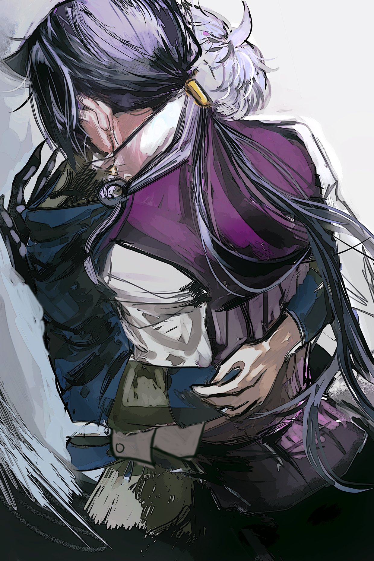 the image is a digital painting of a woman with long purple hair. she is wearing a white shirt, black gloves and a purple and black outfit. her face is hidden, and she is crying and holding her hands to her chest. the background is abstract and features a white brush stroke.