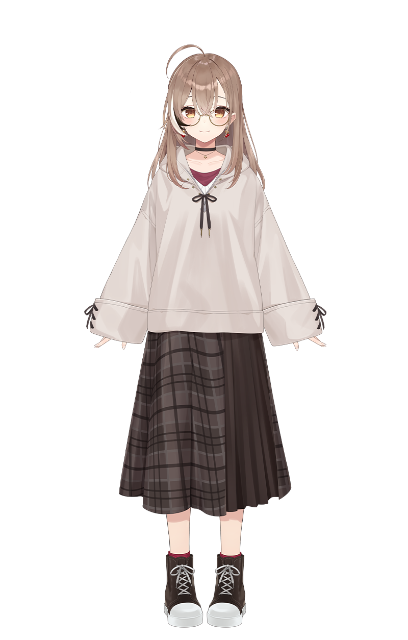 a young woman with long, light brown hair is standing in front of a black background. she is wearing round eyeglasses, a red choker necklace, a white hoodie, a black and brown plaid skirt, and black and white sneakers. she has a gentle smile and her arms are outstretched to the sides. the lighting is soft and the overall image is warm and inviting.
