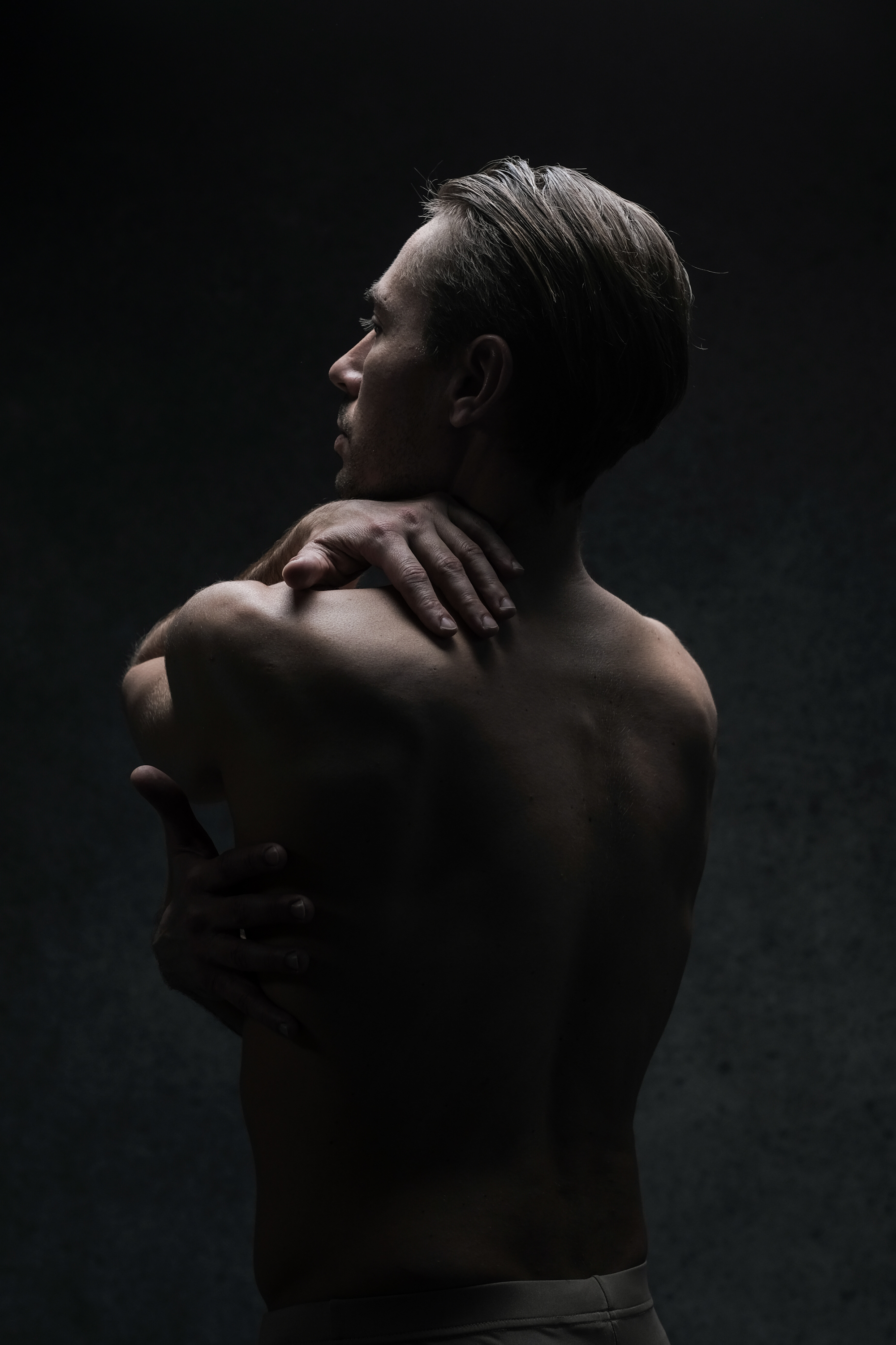 a shirtless man stands with his back to the camera, illuminated by a soft spotlight against a dark background, showcasing his physique and creating a sense of introspection or vulnerability.