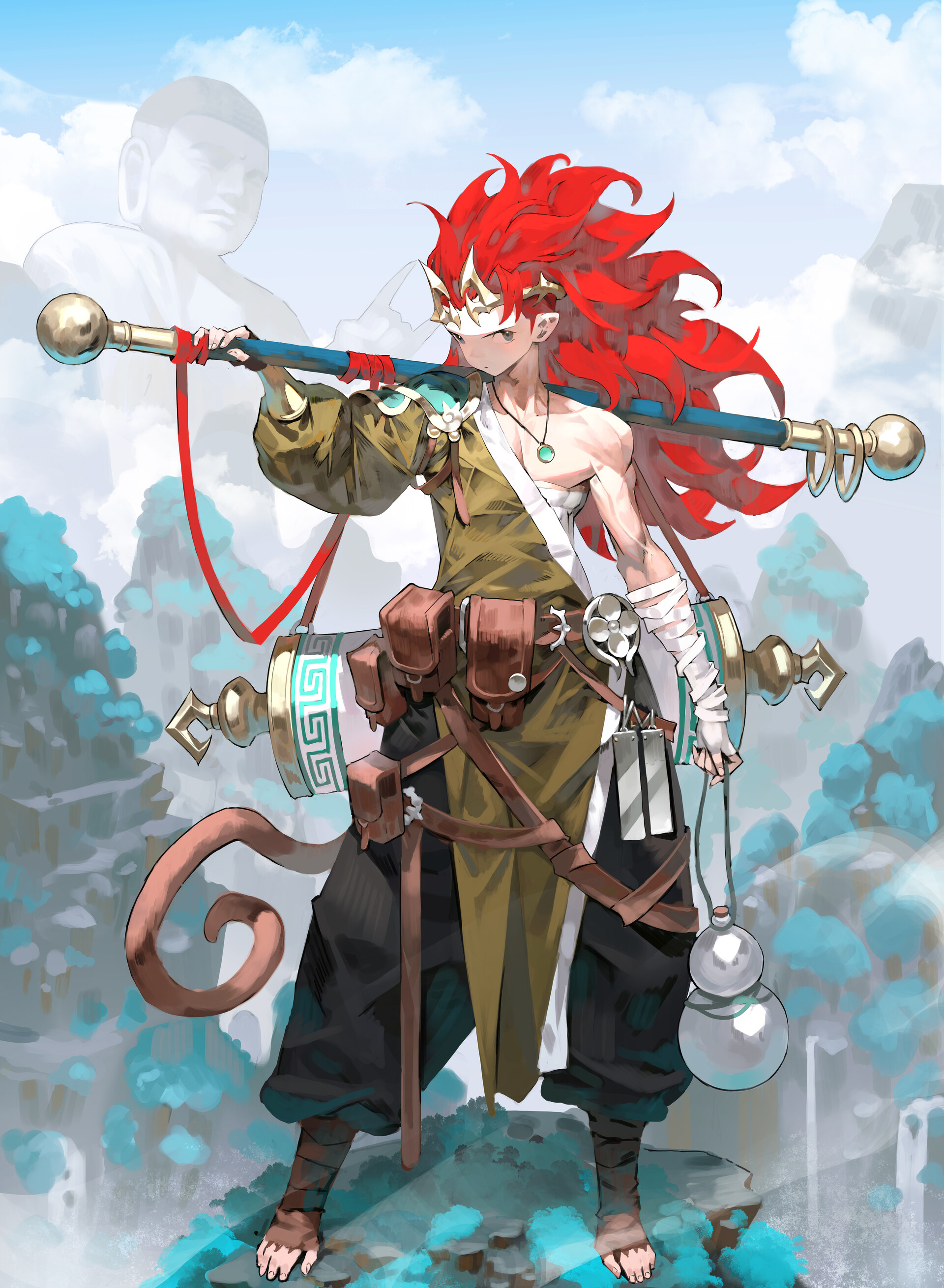 an anime style digital painting of a male character with red hair, monkey tail, and monkey features, carrying a staff over his shoulder. he is standing on a mountain with a gourd hanging from his belt. in the background is a buddha statue and a mountain range. the character is wearing a green tunic and dark pants, with pouches and a scroll attached to his belt.