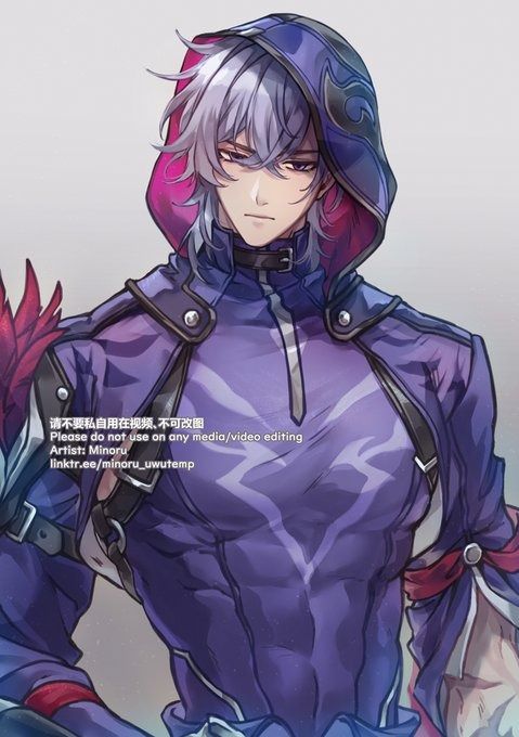 the image is a digital painting of an animestyle male character. he has long, silver hair, and is wearing a purple hooded cloak with darker accents. his expression is serious and somewhat brooding. the art style is detailed and polished, and the character's design includes fantasyinspired elements. the background is a simple, light gray. a watermark is present with the artist's name and a request not to use the image for commercial purposes.
