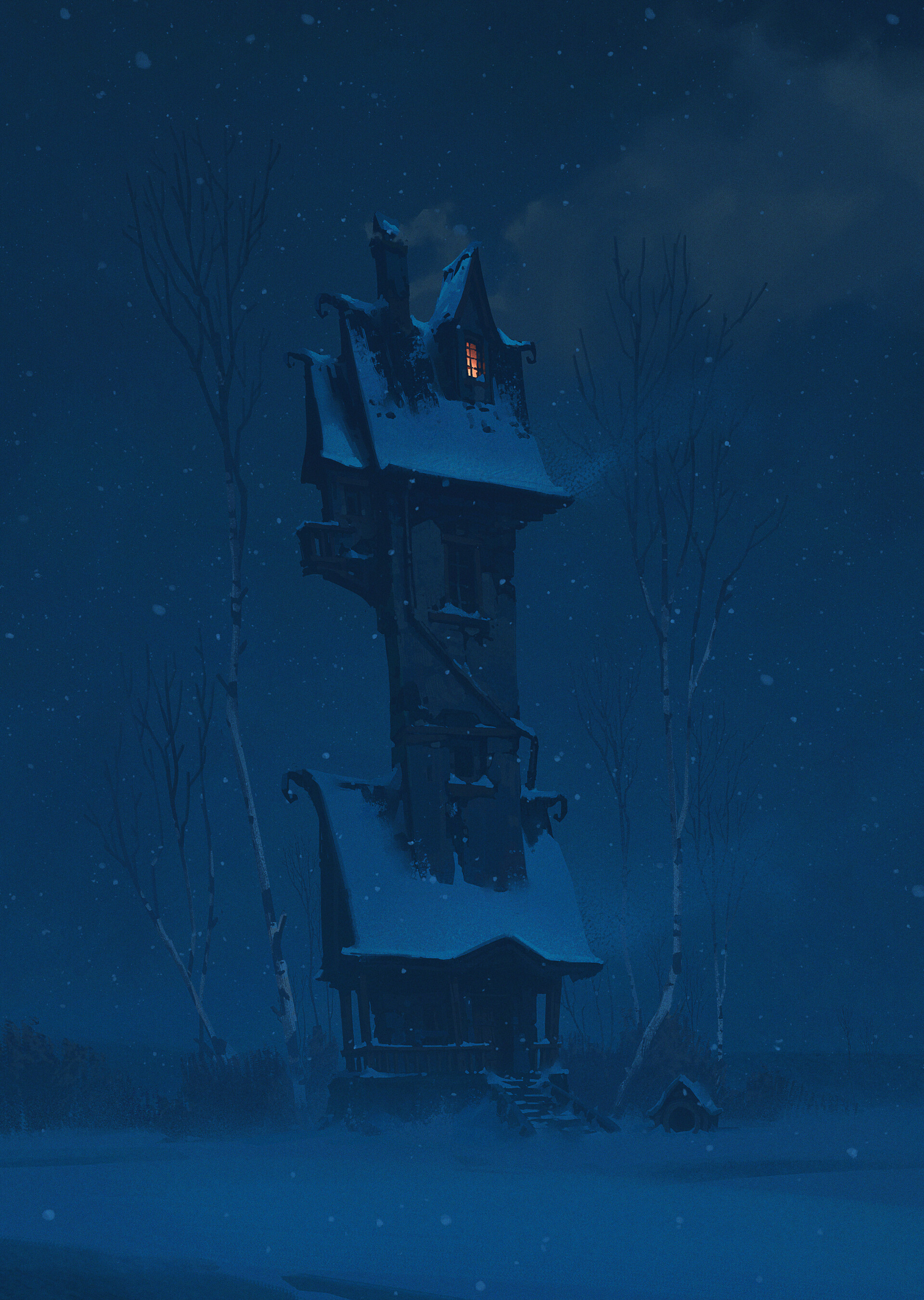 the image is a digital painting or illustration depicting a tall, whimsical house covered in snow.  the house is multistoried and somewhat oddly shaped, with a steeply pitched roof and small, glowing window visible. it stands alone in a snowy landscape under a dark blue night sky with falling snow.  bare, slender trees surround the house, adding to the isolated and somewhat mysterious atmosphere. the overall color palette is dominated by dark blues and deep purples, highlighting the cold and snowy setting.  the scene evokes a sense of fantasy or fairytale.