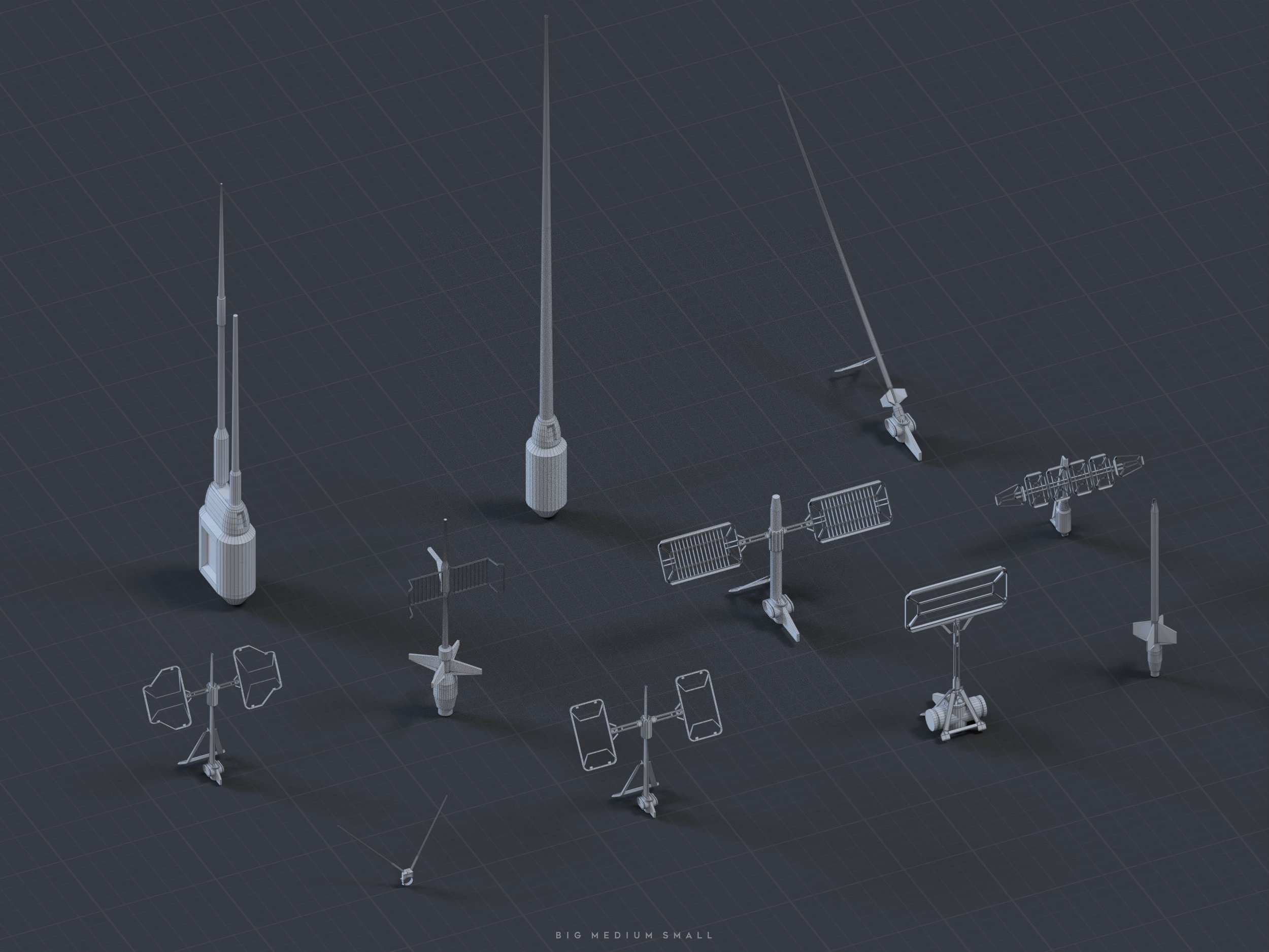 the image presents a collection of 3d wireframe models of various satellite antennas and related communication equipment against a dark gray grid background.  the models range in size, representing a "big, medium, small" scale.  the image appears to be a design or engineering visualization, showcasing the different designs and sizes of such equipment. the wireframe style reveals the underlying structure of each object.  the overall feel is clean, technical, and informative.