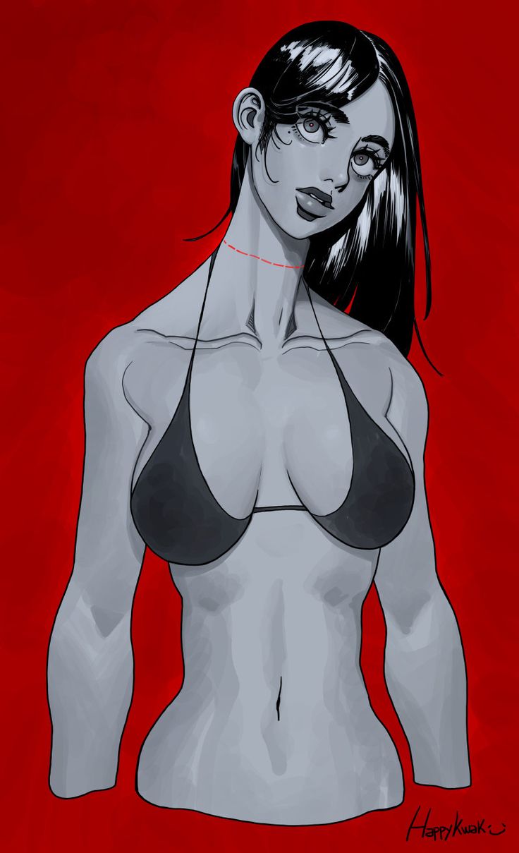 a black and white illustration of a woman in a bikini. her black hair covers most of her face. she is in front of a bright red background. the woman is a cartoon illustration.  she has large, stylized breasts.  the image is titled "happy kwak."
