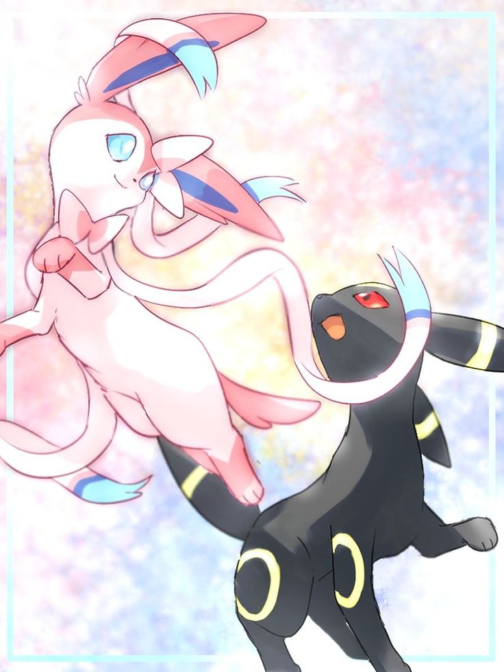 this image shows a cute and romantic illustration of gardevoir and umbreon, two popular pokemon. gardevoir is a pink and white pokemon with long flowing hair, and umbreon is a black and yellow pokemon with rings around its eyes. the two pokemon are positioned close together, with gardevoir's head tilted toward umbreon, suggesting a loving or friendly interaction. the image is drawn in a colorful anime style, with soft pastel colors and a whimsical, dreamlike feel.