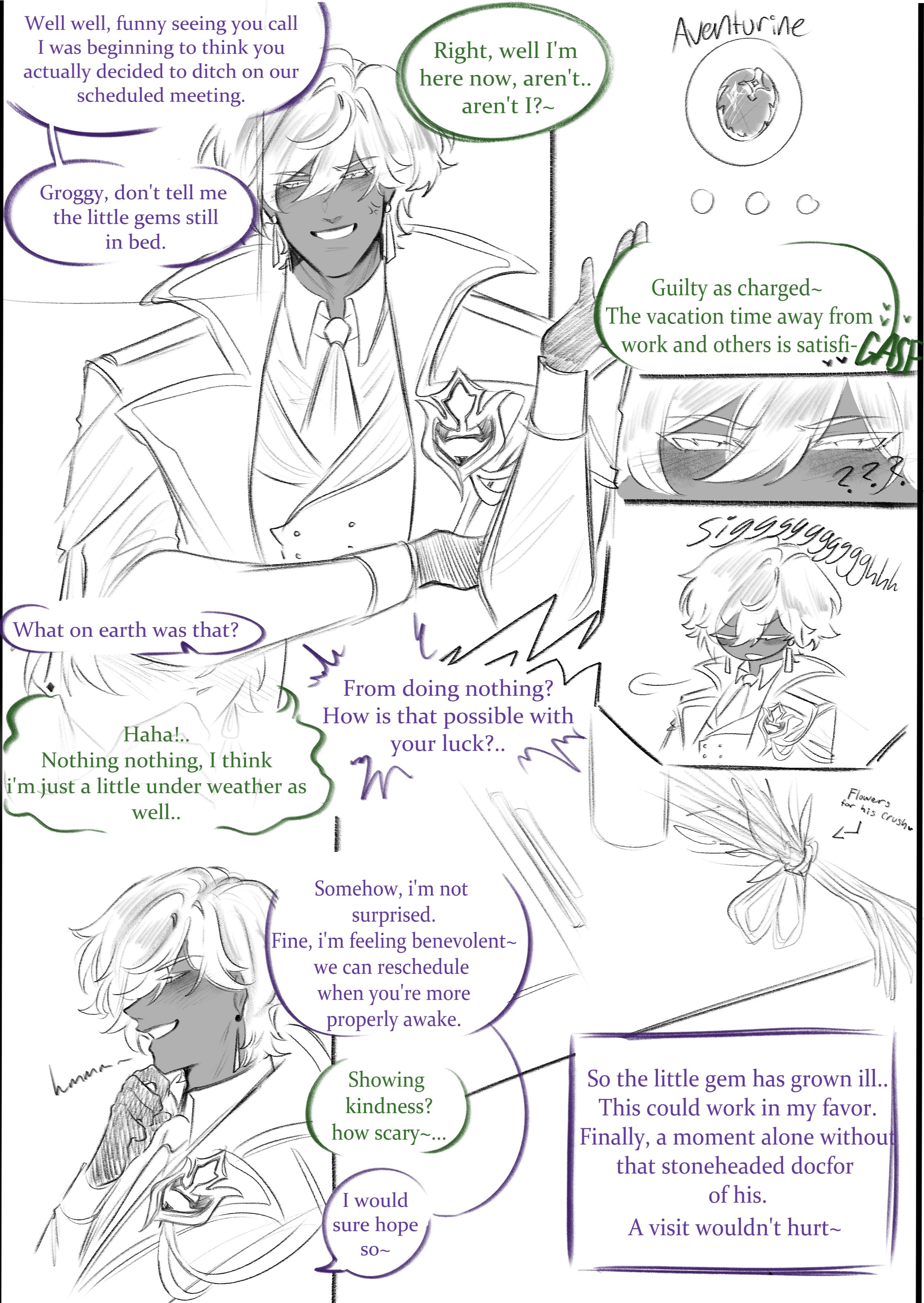 the image is a sketch of a comic page featuring a male character, likely aventurine, engaging in dialogue. there are speech bubbles with text, and the sketch includes additional elements like a flower. the style is reminiscent of a comic book or manga page.