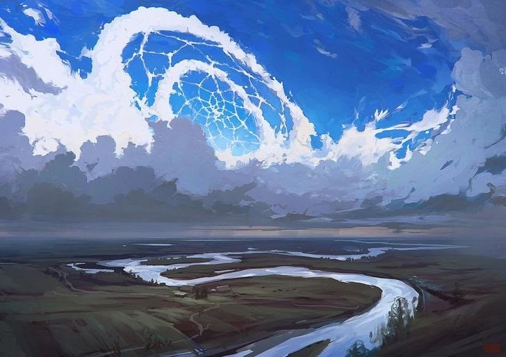 a digitally painted landscape features a winding river snaking through a rural setting under a bright blue sky with dramatic clouds. the clouds in the upper portion of the sky have a unique pattern that looks like cracked glass or a network of fissures. the land is primarily green and brown, suggesting fields or plains, and the river reflects the sky's blue. the overall mood is serene and picturesque, with an element of surrealism in the sky's cloud formation.