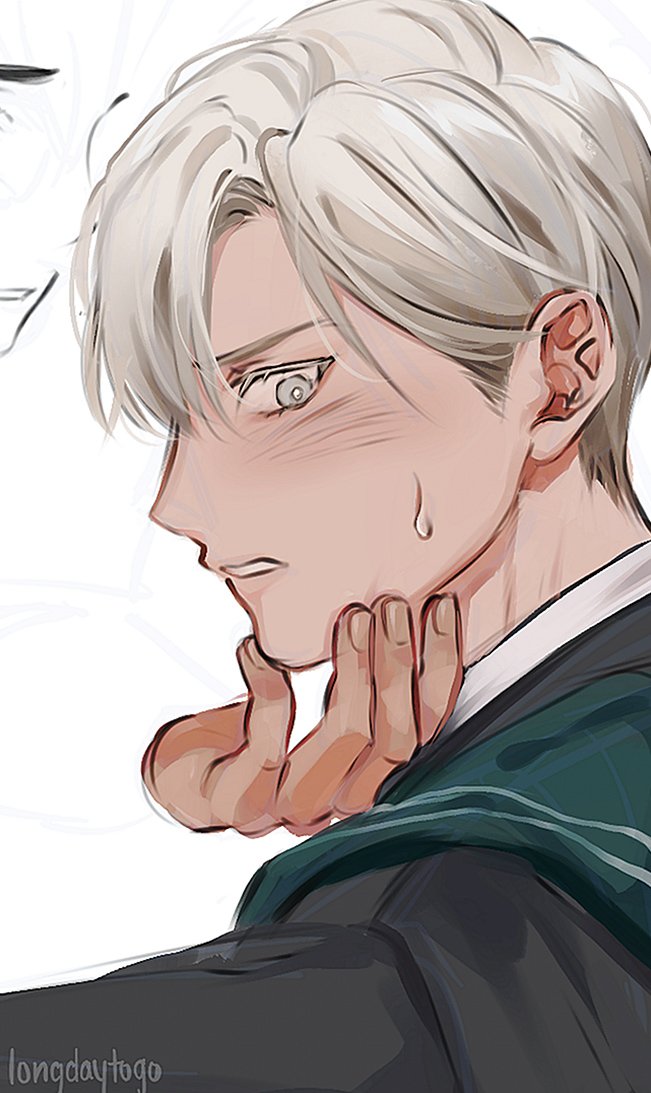 this is a digital drawing of a young man, possibly an anime character, with white/silver hair styled in a side part. he's wearing a dark teal/green uniform with lighter teal/green stripes on the collar, reminiscent of a slytherin house robe from the harry potter series.  he has a blush on his cheeks and a somewhat shy or embarrassed expression. another hand is gently holding or caressing his face.  the style is soft and delicate, with a focus on subtle details and expression. the artist's signature, "longdaytogo", is visible in the bottom left corner. the overall mood is romantic and intimate.