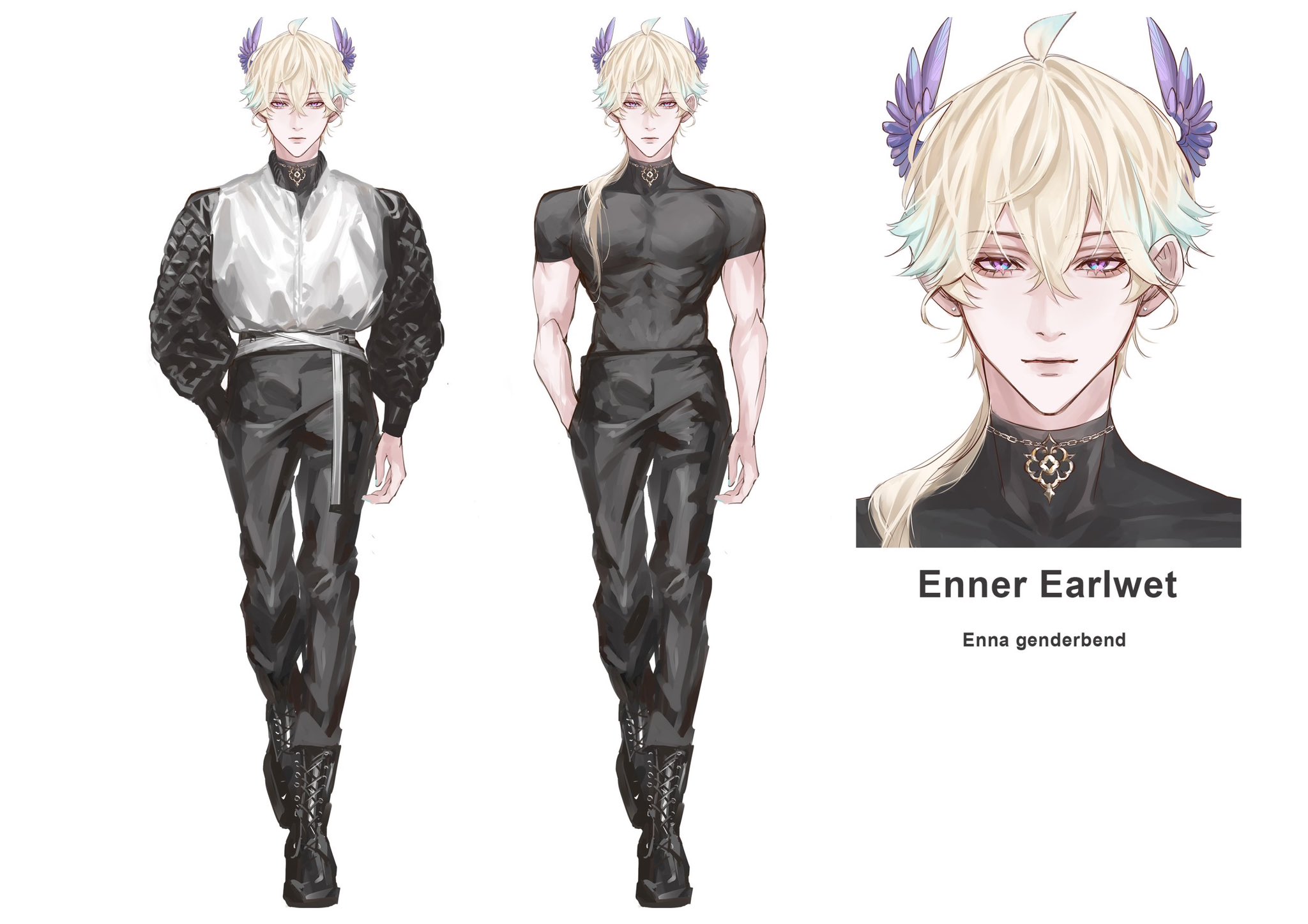 this image is a digital art illustration of an anime character named enner earlwet. the illustration is a genderbend of enna. it shows the character in three different poses, one full body with a black top, black pants, and black boots, one full body with a silver shirt and black pants, and one head shot.  the character has blonde hair, purple feathered wings, and is wearing a silver necklace.  they are all  illustrated in a realistic style with soft shading and lighting.