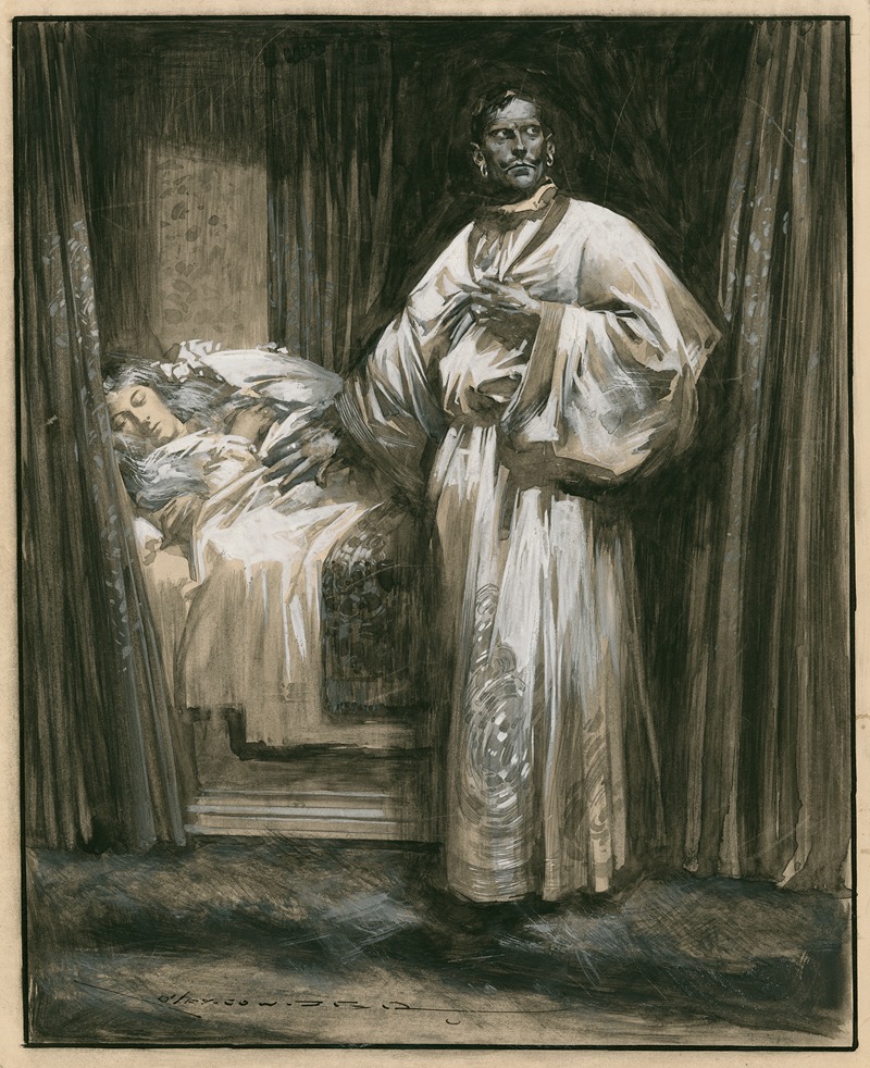 a black and white illustration depicts a man standing next to a sleeping woman in a bed. the man is wearing a long robe and has a beard and mustache. the woman has long hair and is lying in a bed covered with a white blanket. curtains are visible in the background. the style of the artwork suggests it's an old illustration or drawing.