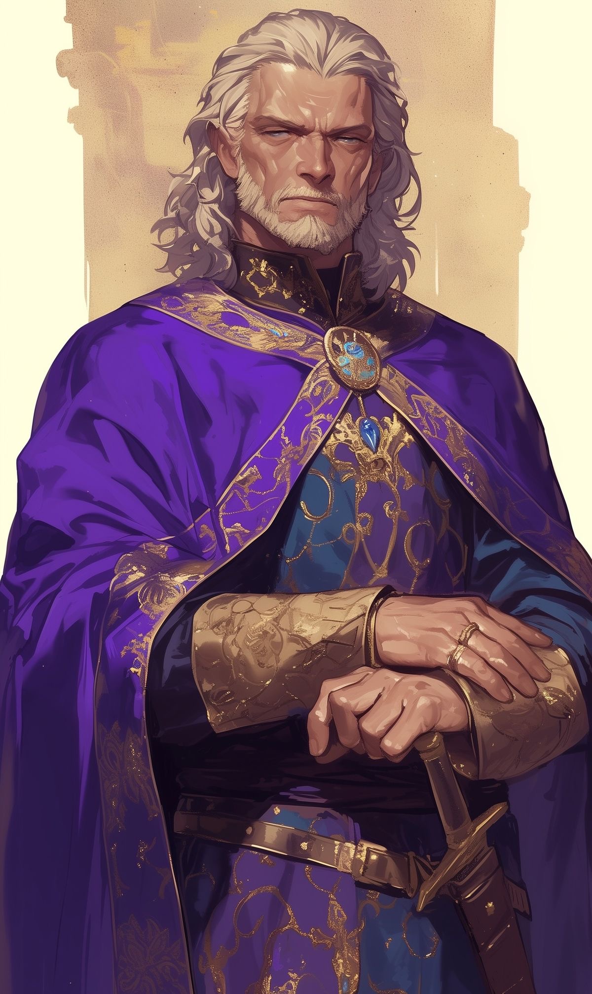 a digital painting of a man with long white hair and a beard, wearing a purple cloak and golden jewelry.  he is looking at the viewer with a serious expression and holding a sword. he appears to be a king or lord.