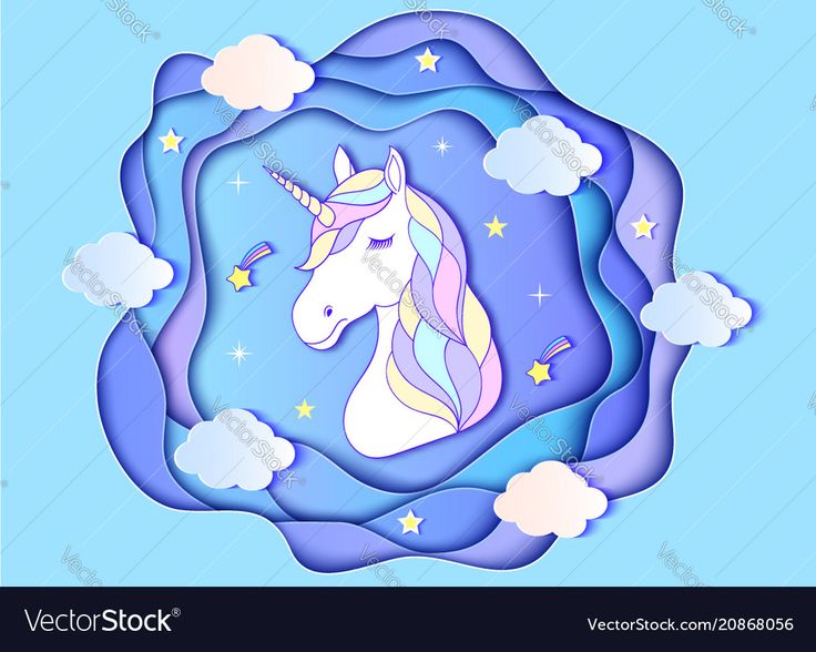 the image depicts a whimsical unicorn illustration in a papercut style with layers of blue and purple hues. the unicorn, with a pastel mane, is positioned in the center, surrounded by white clouds and yellow stars on a blue background. the overall feel is dreamy and fantastical.