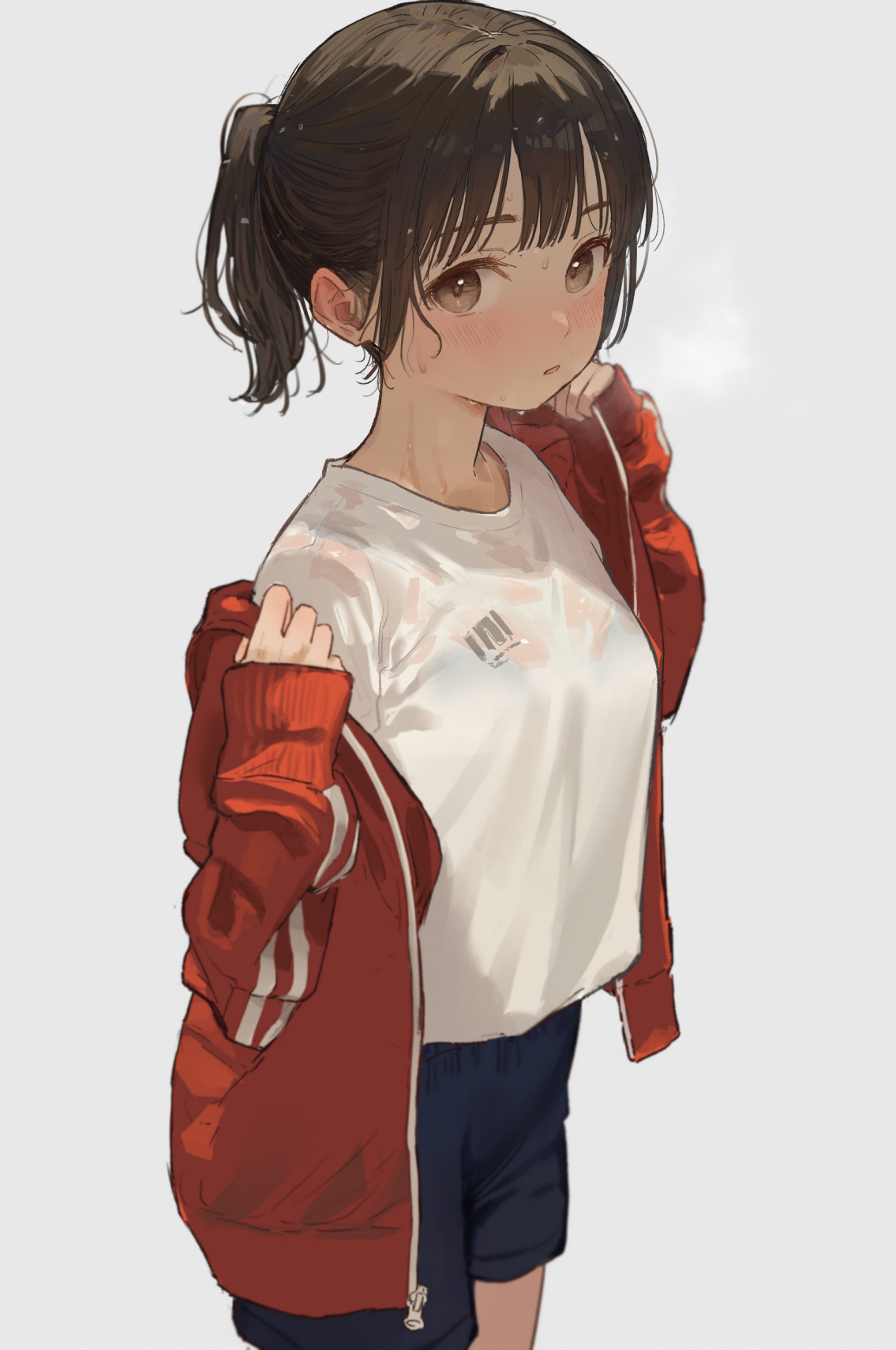 the image is a digital painting of an animestyle girl. she has brown hair in a ponytail, brown eyes, and flushed cheeks, suggesting she might be hot or has just finished exercising. she is wearing a white tshirt, dark blue shorts, and a red zipup jacket. the jacket is open and she appears to be putting it on or taking it off. the art style is soft and slightly muted, creating a peaceful and slightly dreamy atmosphere. the background is a plain, light grey.