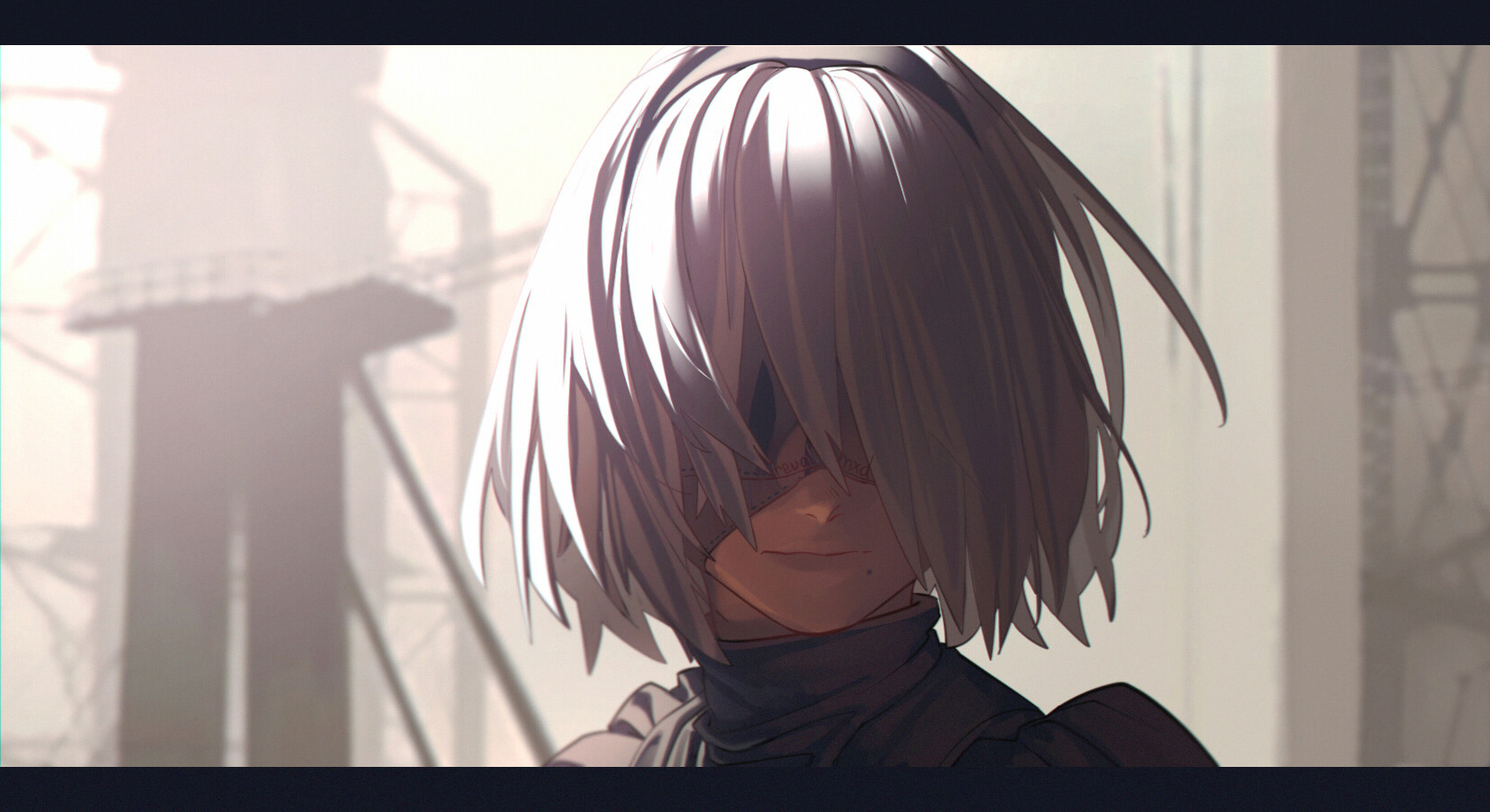 the image features a closeup portrait of 2b, a female character from the video game nier automata. she is depicted with her signature silverwhite bob haircut partially obscuring her blindfolded eyes. her expression is neutral, almost melancholic.  the background suggests a desolate, industrial setting, hinting at the game's postapocalyptic themes. the lighting is soft and diffused, giving the image a somber and introspective mood.