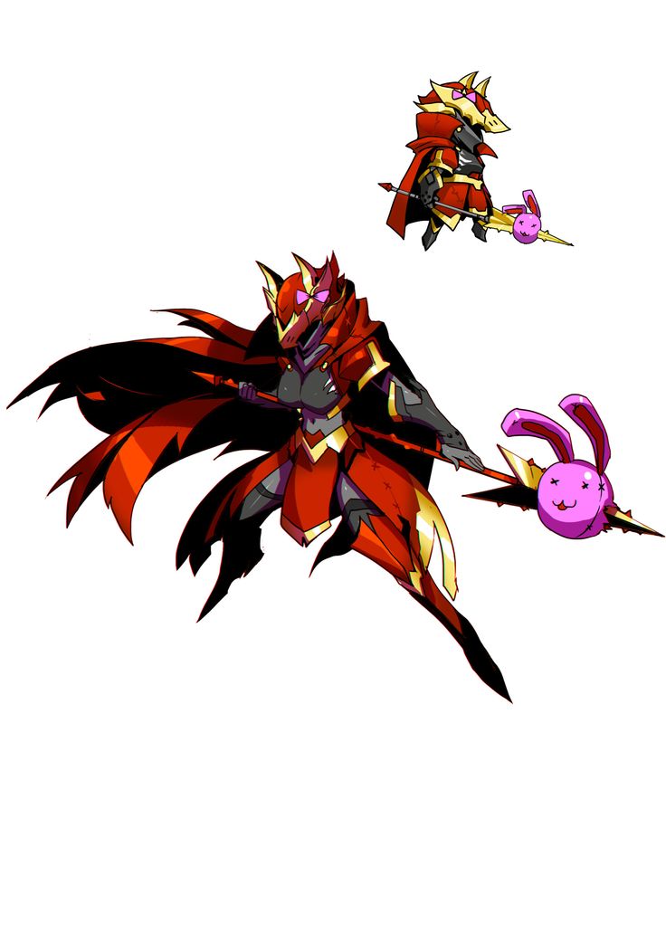 the image is a digital illustration of an animestyle female knight character. she is wearing red armor and a red cape and carrying a spear with a pink bunny attached to the end of the shaft. the character is depicted in a dynamic pose, suggesting action and strength. in the top right corner is a smaller illustration of the same character in a chibi style. the overall style of the artwork is colorful and stylized, with a focus on sharp lines and bold colors.