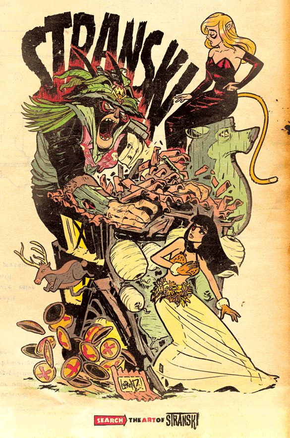the image is a comic book style illustration featuring a monster figure at the top, yelling and with leaves in his hair. an elf woman with blonde hair and a tail sits on a green figure to the right of the monster. below them is a pile of treasures and a tropical island girl with a flower lei and a long white dress. the title "stranski" is in bold letters at the top. there is a deerlike creature and coins among the treasure. a banner at the bottom reads "search the art of stranski".