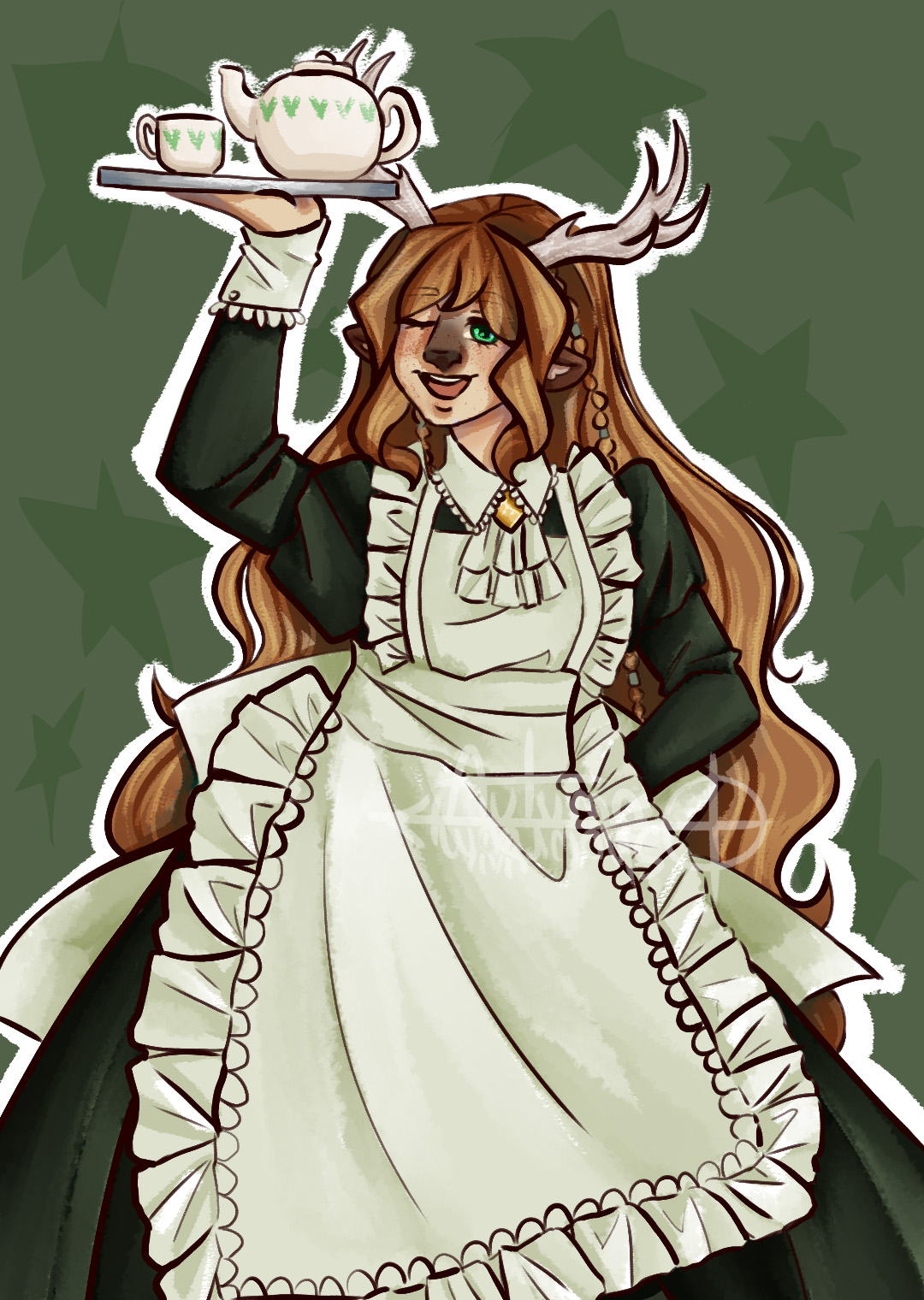 a digital illustration of an anthro deer woman. she has long brown hair with a lighter brown streak in the front and green eyes. she has a light brown deer nose and small antlers. she is wearing a black and white maid uniform with a white apron. she is holding a silver tray with a white teapot and teacup on it above her head in her left hand and smiling slightly with her mouth open. the background is a dark green with lighter green fivepointed stars. the art style is cartoon.