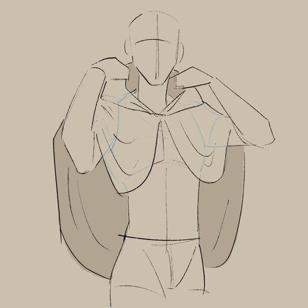 a sketch of a woman standing with her arms raised. she is wearing a cape, with a shawl draped around her shoulders.  the sketch is very detailed and realistic. it is likely a fashion illustration or design.