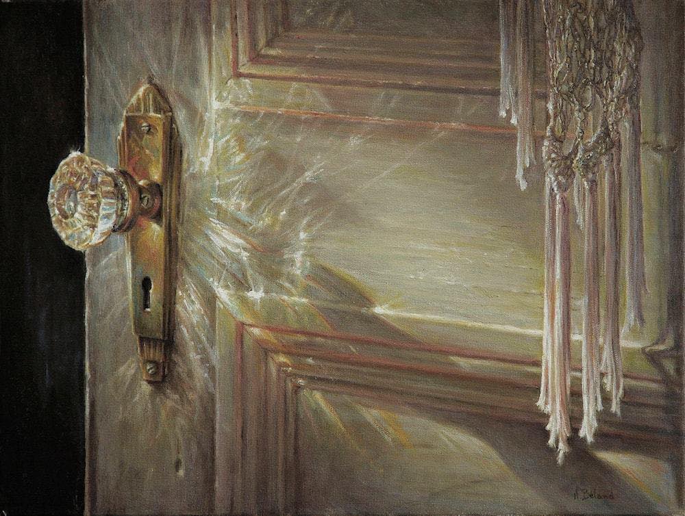 a painting of a wooden door with a crystal doorknob. sunlight streams through the doorknob, creating a pattern of light and shadows on the door. a macrame wall hanging is on the right side of the door. the scene is painted in a realistic style.