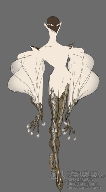 this is an illustration of a woman with wings, and an ethereal or mythical design. she is wearing a white, flowing garment with golden details and appears to be a fantasy creature. the drawing is done in a simplistic and minimalist style, with a focus on the silhouette and form. the woman's legs are a prominent part of the design, with elaborate details. there is a background of a solid gray color. the illustration is reminiscent of a concept art piece for a fantasy character or world.