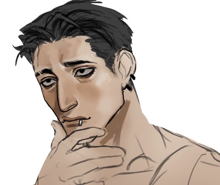 the image is a digital drawing or painting of a young man with dark, short hair. he has a somewhat pensive or melancholic expression, with his hand resting on his chin. he appears to have a lip piercing and an earring in his left ear (viewer's right). the style is realistic but stylized, with visible brushstrokes or digital painting techniques. the background is plain white, focusing all attention on the subject. his chest is partially bare, showing part of his shoulders and upper torso. the overall mood is somewhat somber and introspective.