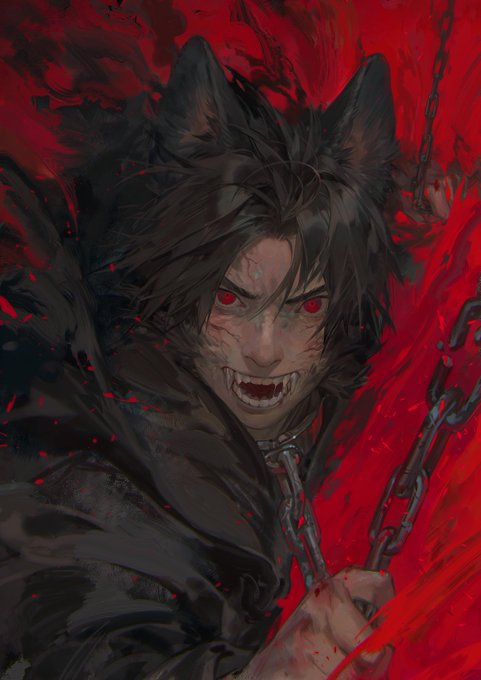 this is a digital painting of a werewolf. it has red eyes, sharp claws, and fangs. it is surrounded by blood and chains, which gives the impression that it is a dangerous creature. the werewolf's expression is fierce and menacing, with a look that makes you want to run and hide. the background is dark and bloody, adding to the overall sense of terror.