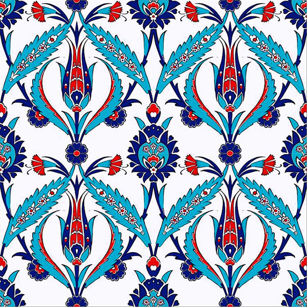 the image shows a tile pattern with a floral design. the pattern features stylized flowers and leaves in blue, red, and white colors. it has a traditional turkish or iznik style, with a repeating motif of tulips and ornamental elements. the design is intricate and decorative, creating a textured and ornamental background. the pattern is likely intended for use as a ceramic tile, textile, or decorative element.