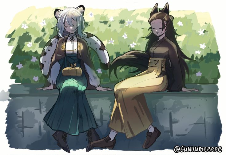 the image is a digital drawing or painting in an anime/manga style, depicting two young women sitting on a low wall in a garden.  one girl has long white hair and snow leopardlike ears and tail, wearing a teal kimonostyle outfit with a brown outer garment. she holds a small wrapped gift box. the other girl has long black hair and catlike ears, dressed in a gold hakama and a dark brown kimono top. they appear to be relaxed and enjoying each other's company in a serene garden setting. the style is soft and slightly painterly, with a focus on atmospheric perspective and the light filtering through the foliage.  the overall mood is peaceful and gentle.