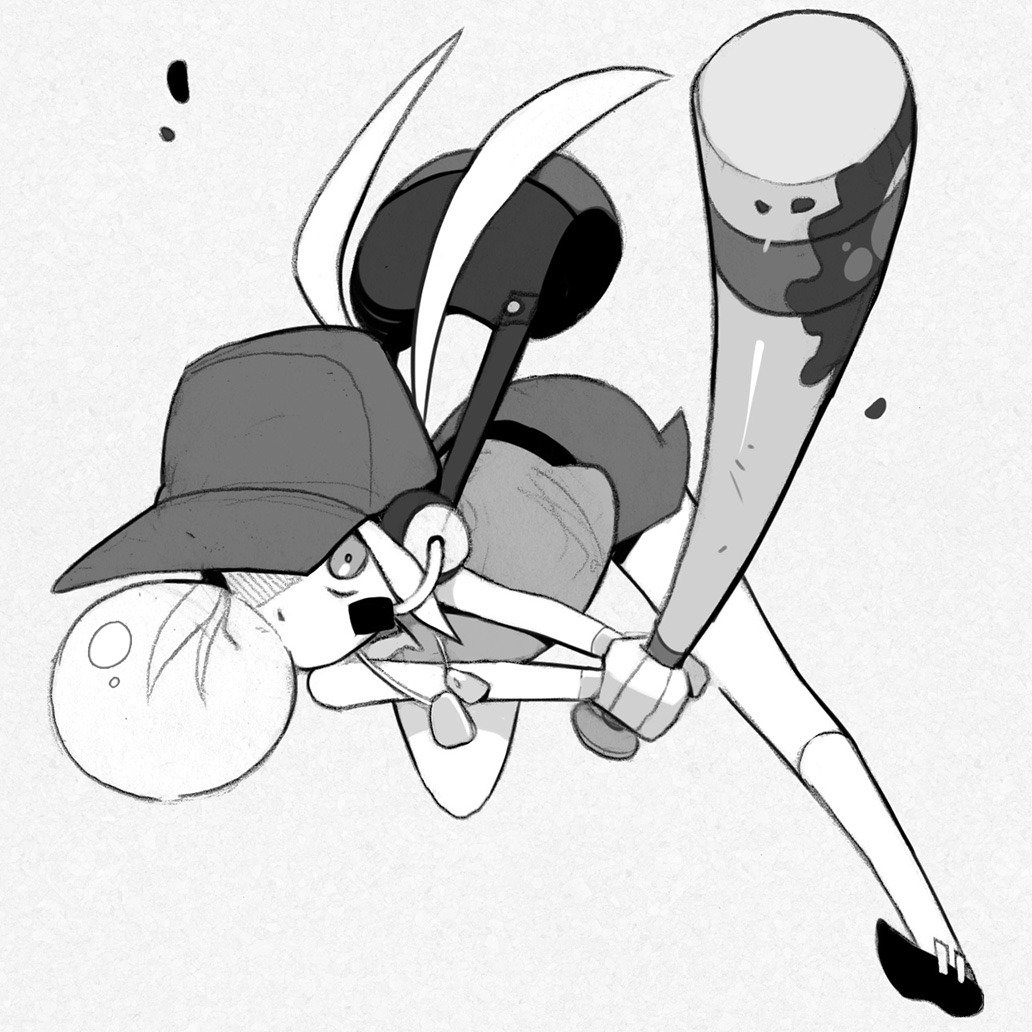 the image showcases a stylized black and white illustration of a young girl in midswing with a baseball bat. she wears a baseball cap and headphones, with a large bubble floating near her face. her pose is dynamic, suggesting powerful movement, and the perspective is from a low angle, further emphasizing the action. the background is entirely white, putting all focus on the character and her motion.