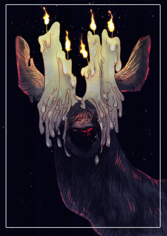 a stylized digital illustration depicts a deerlike creature with candles in place of antlers, set against a dark, starry background. the deer's antlers are represented by lit candles, with melted wax dripping down over its face and head. the deer has dark fur and striking red eyes, creating a mystical and slightly eerie atmosphere. the overall style is reminiscent of fantasy or dark art.
